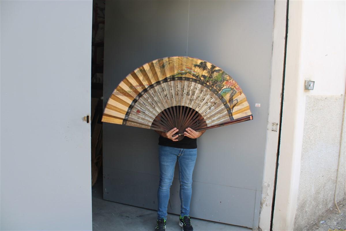 Decorative Mid-Century Chinese Fan in Paper Decorated Painted Wooden Structure.  For Sale 2