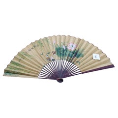 Decorative Mid-Century Chinese Fan  Paper Decorated  Wooden Painted