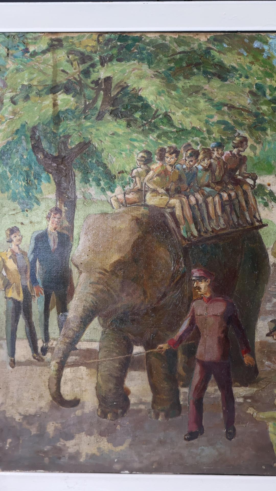 A very charming oil on canvas depicting children riding on an elephant in Regents Park, London in the 1920s.
In a period frame and signed bottom right A Moltoy.
In very good condition with minimal age related wear.