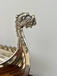 Decorative Miniature Norwegian Viking Ship, Silver-plated, on a Wooden Base