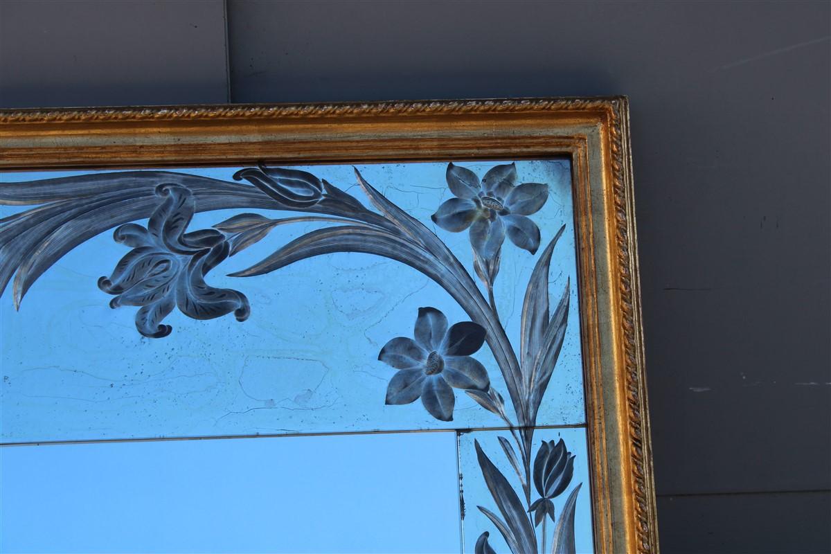 Mid-Century Modern Decorative Mirror France 1930 with Engravings in Silver Floral Frame in Gold For Sale