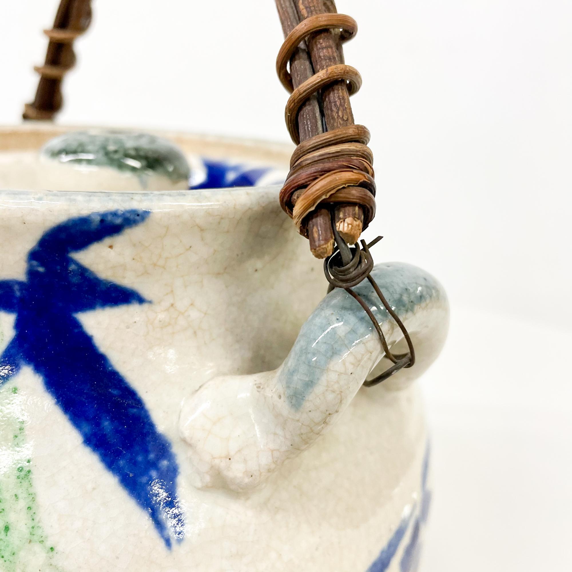 Anglo-Japanese 1970s Modern Japanese Pottery Blue White Tea Pot Hand Decorated Cane Handle