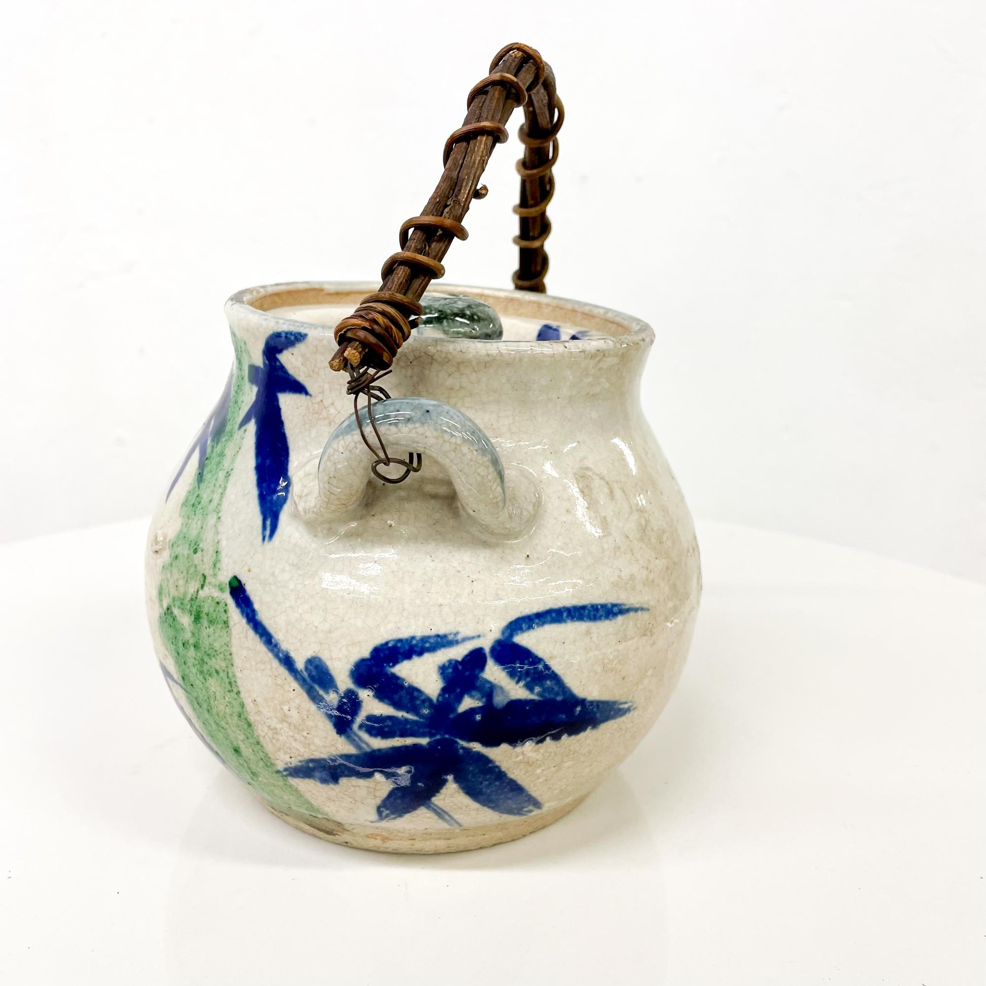 1970s Modern Japanese Pottery Blue White Tea Pot Hand Decorated Cane Handle In Good Condition In Chula Vista, CA