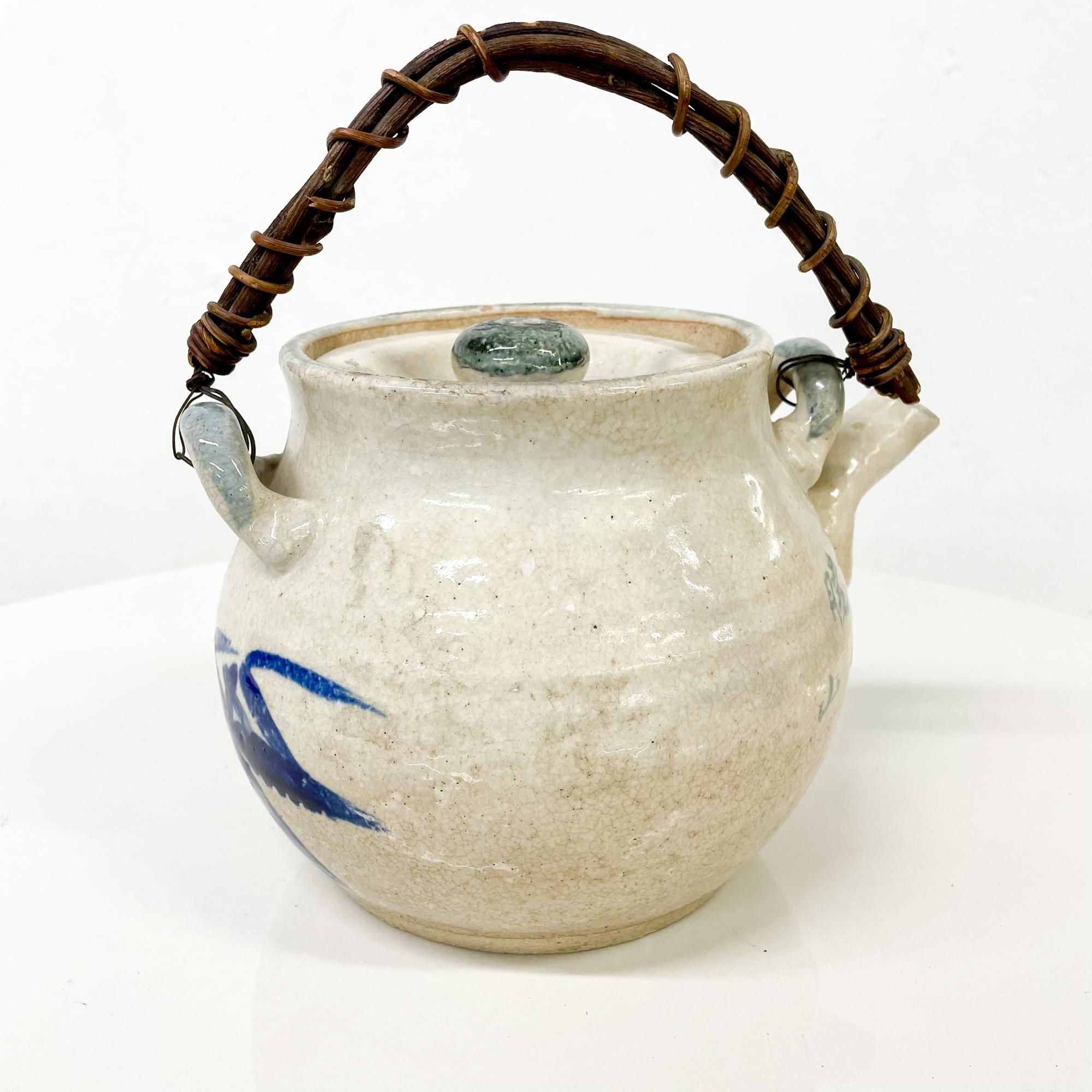 Late 20th Century 1970s Modern Japanese Pottery Blue White Tea Pot Hand Decorated Cane Handle
