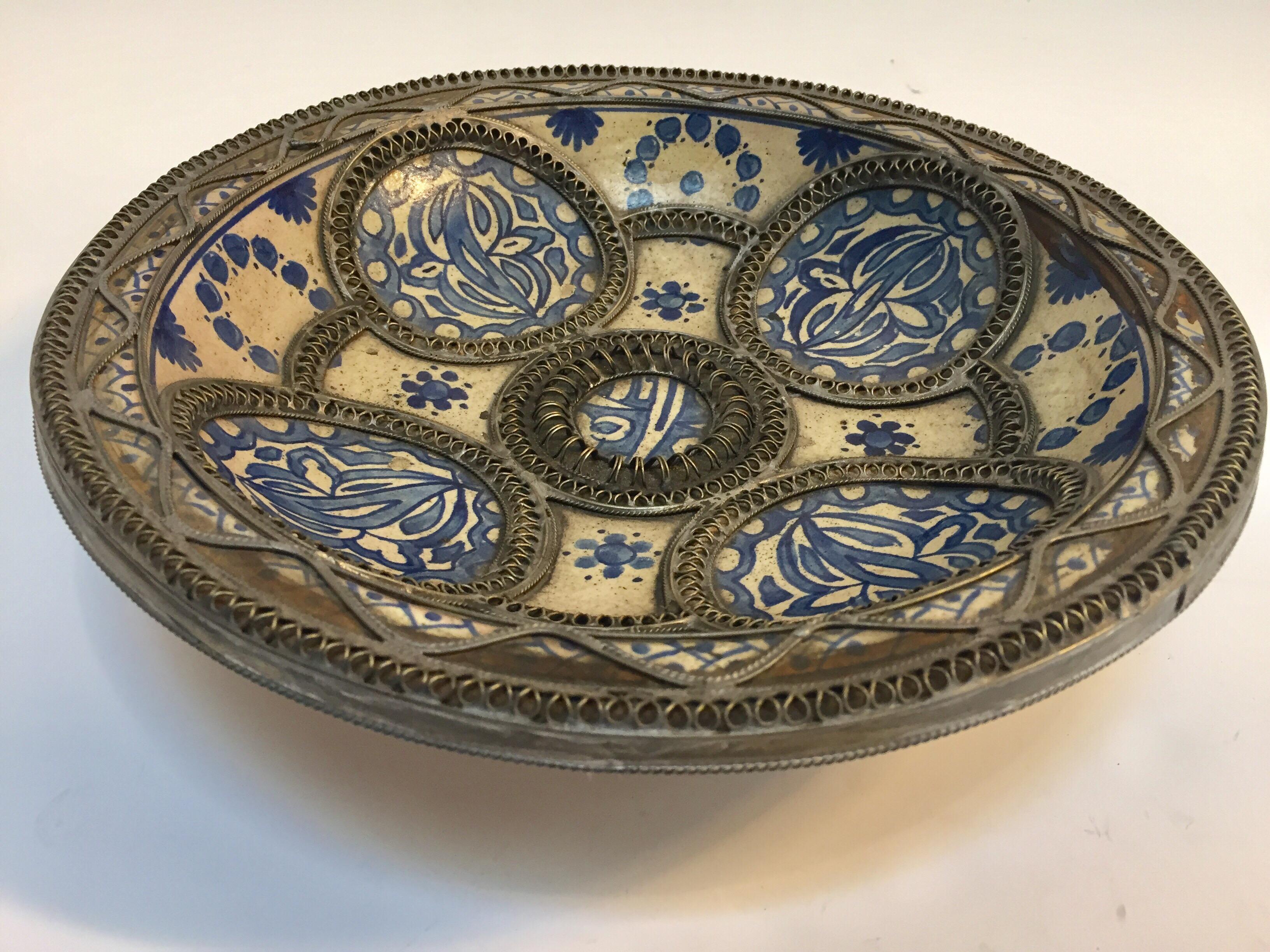 Moorish Decorative Moroccan Blue and White Handcrafted Ceramic Bowl from Fez