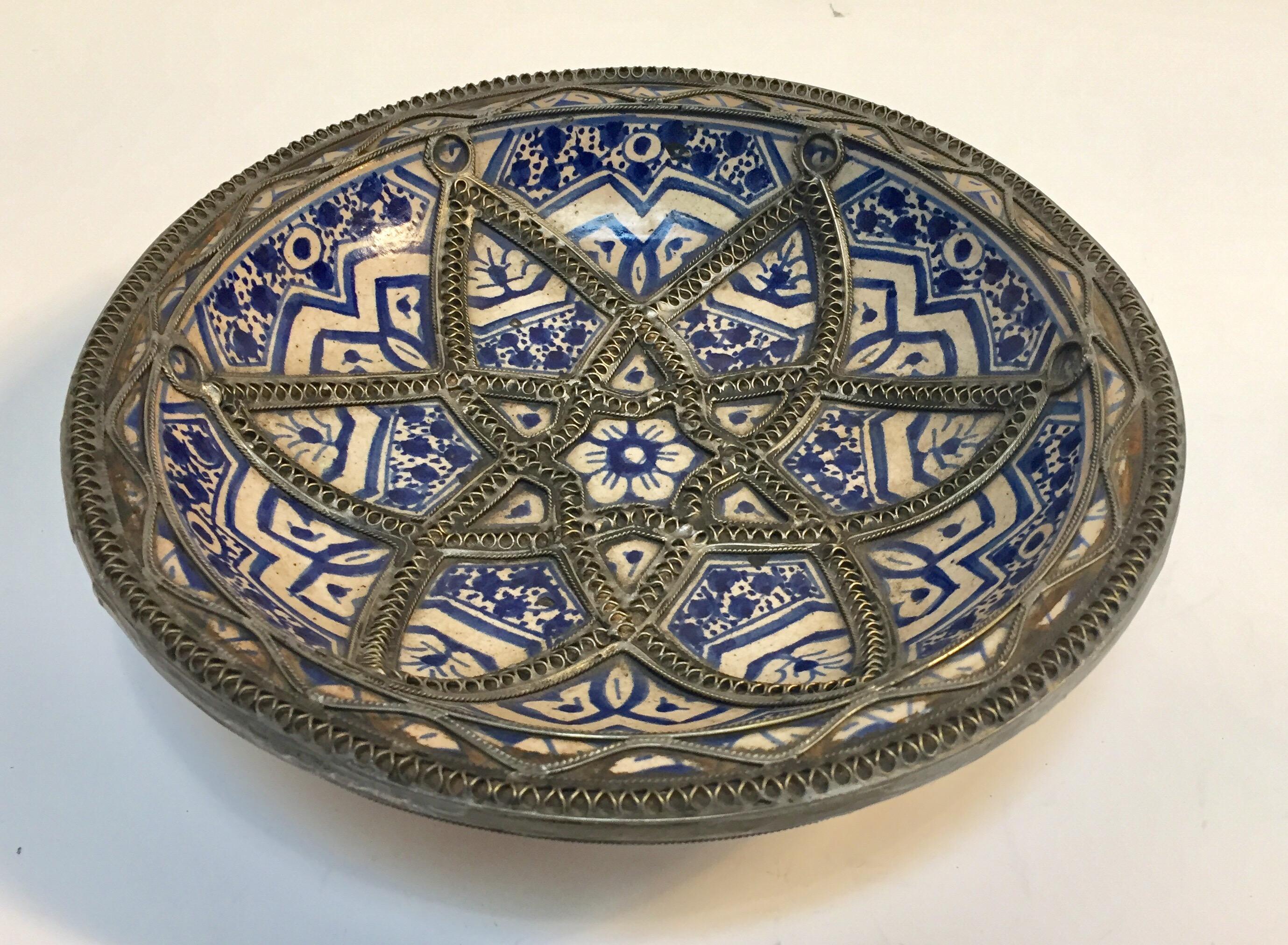 Moroccan Decorative Moorish Blue and White Handcrafted Ceramic Bowl from Fez