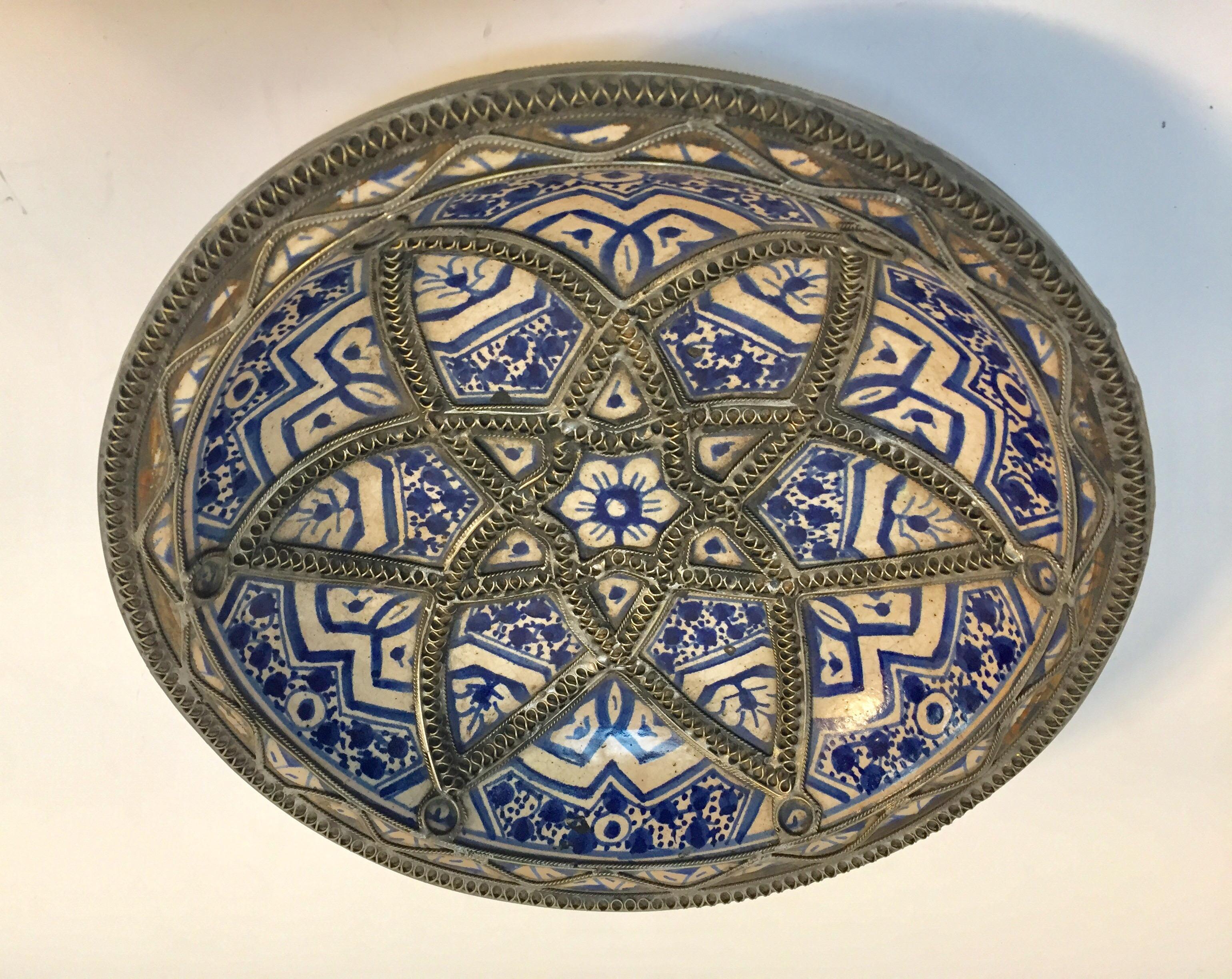 Hand-Crafted Decorative Moorish Blue and White Handcrafted Ceramic Bowl from Fez
