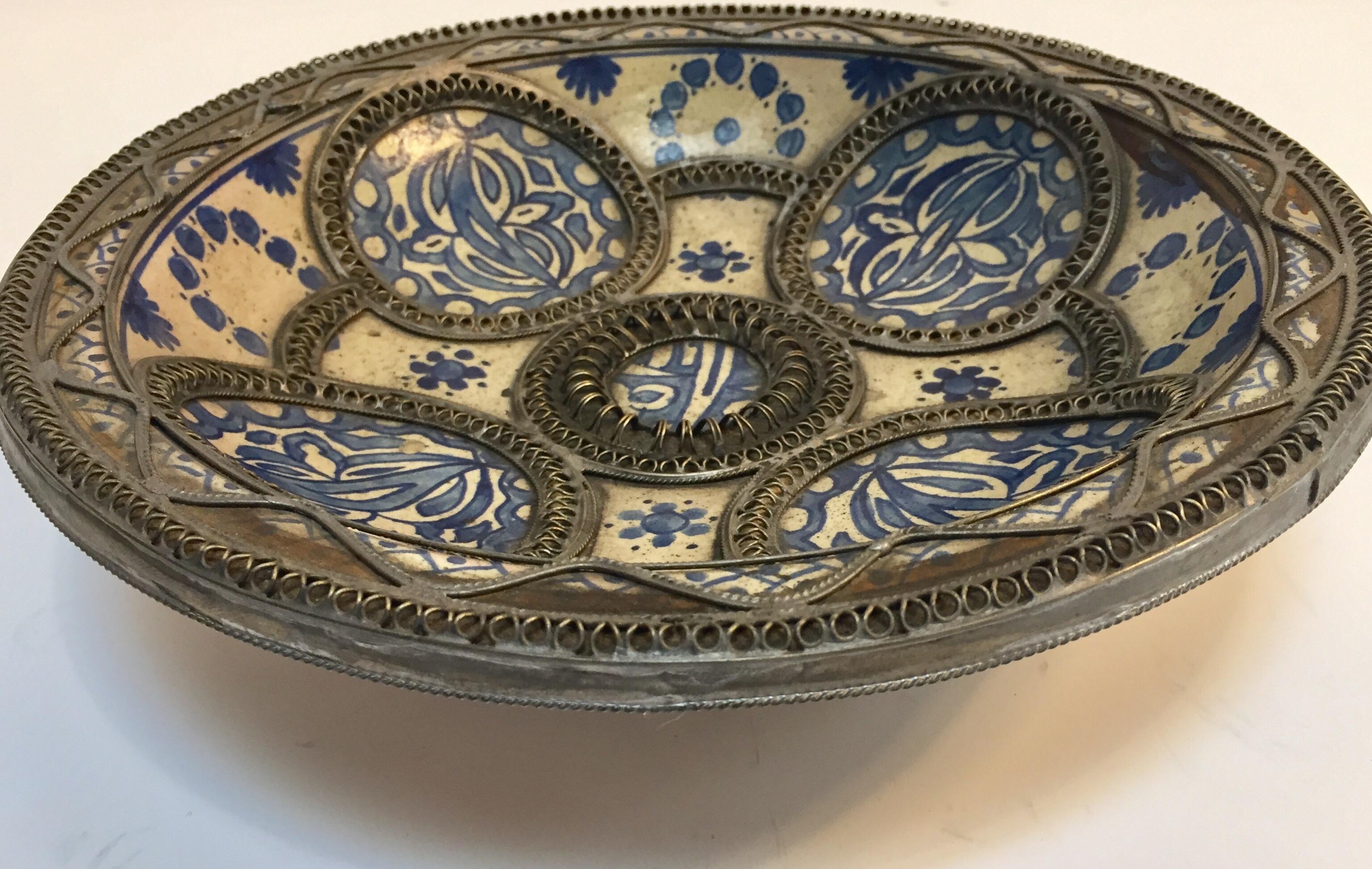 20th Century Decorative Moroccan Blue and White Handcrafted Ceramic Bowl from Fez