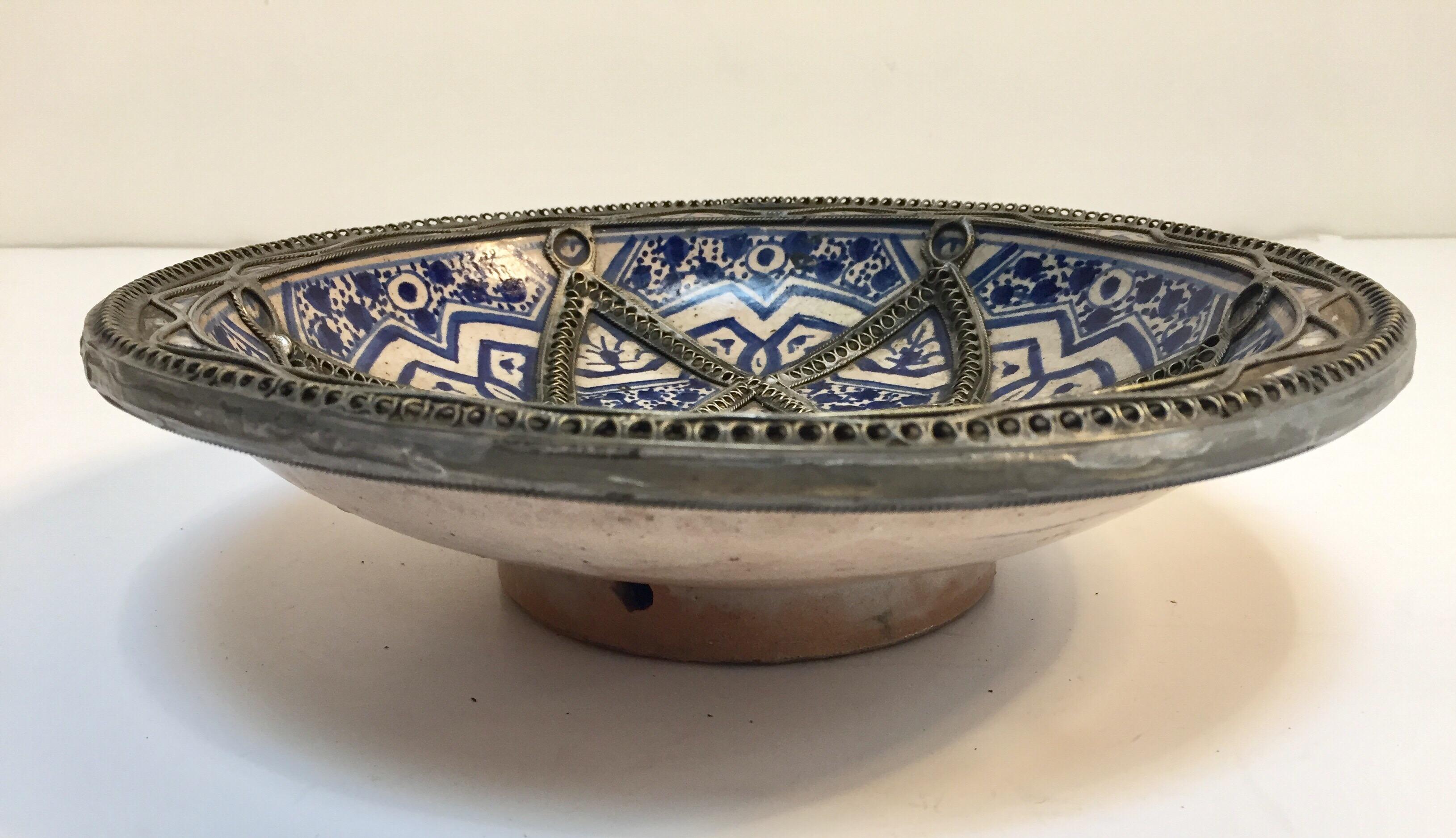 20th Century Decorative Moorish Blue and White Handcrafted Ceramic Bowl from Fez