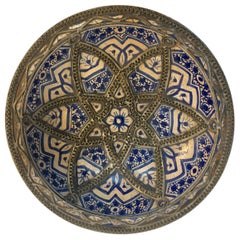 Antique Decorative Moorish Blue and White Handcrafted Ceramic Bowl from Fez