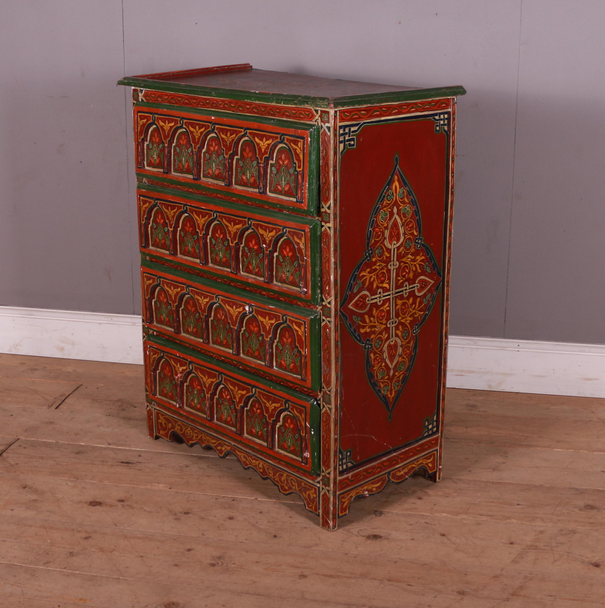 Small 1950s decorative Moroccan chest of drawers. 1950.

Dimensions
32.5 inches (83 cms) wide
17 inches (43 cms) deep
40.5 inches (103 cms) high.
      
     