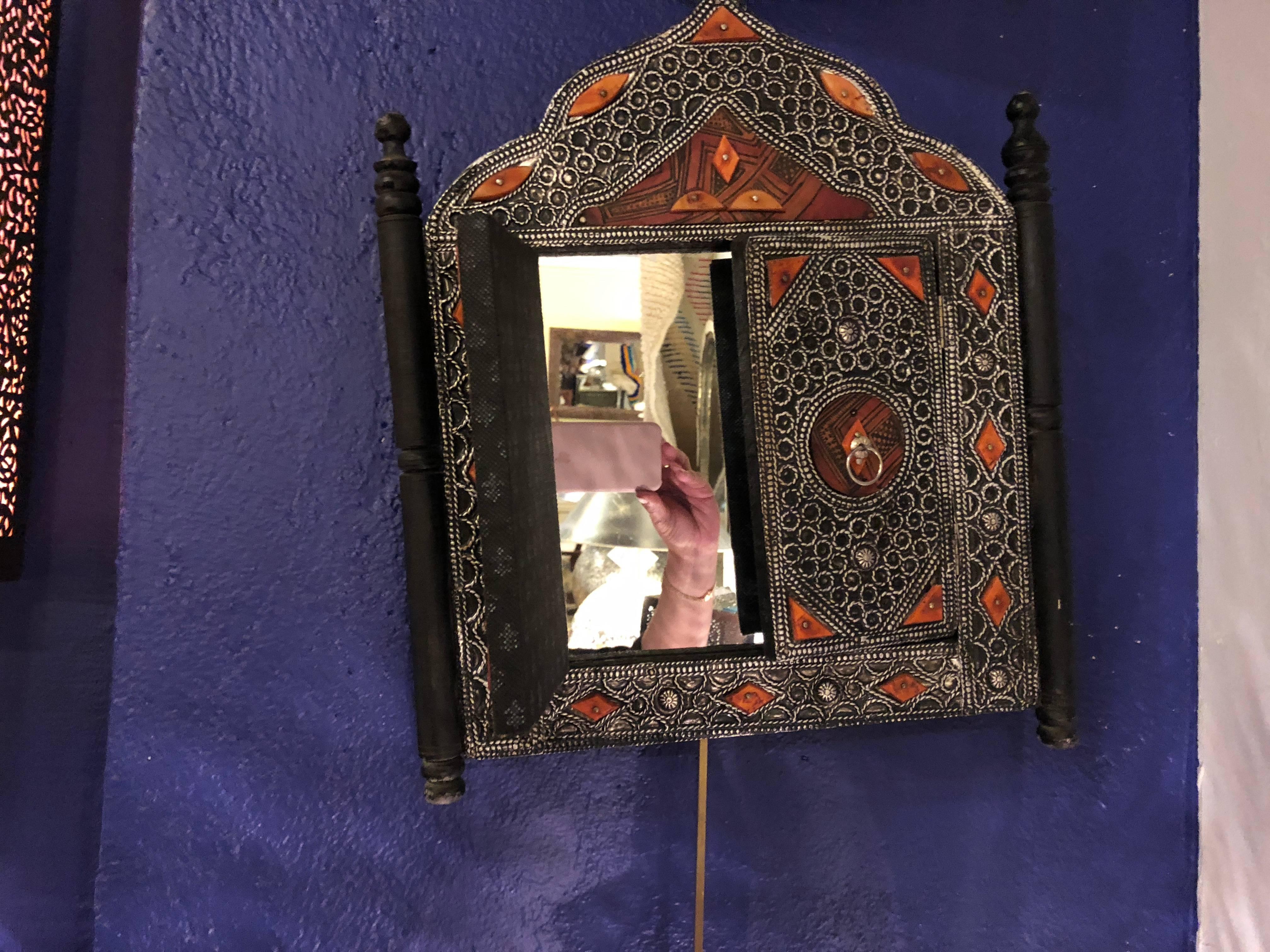 Moorish Decorative Moroccan Door Form Wall Mirror Camel Bone Inlaid