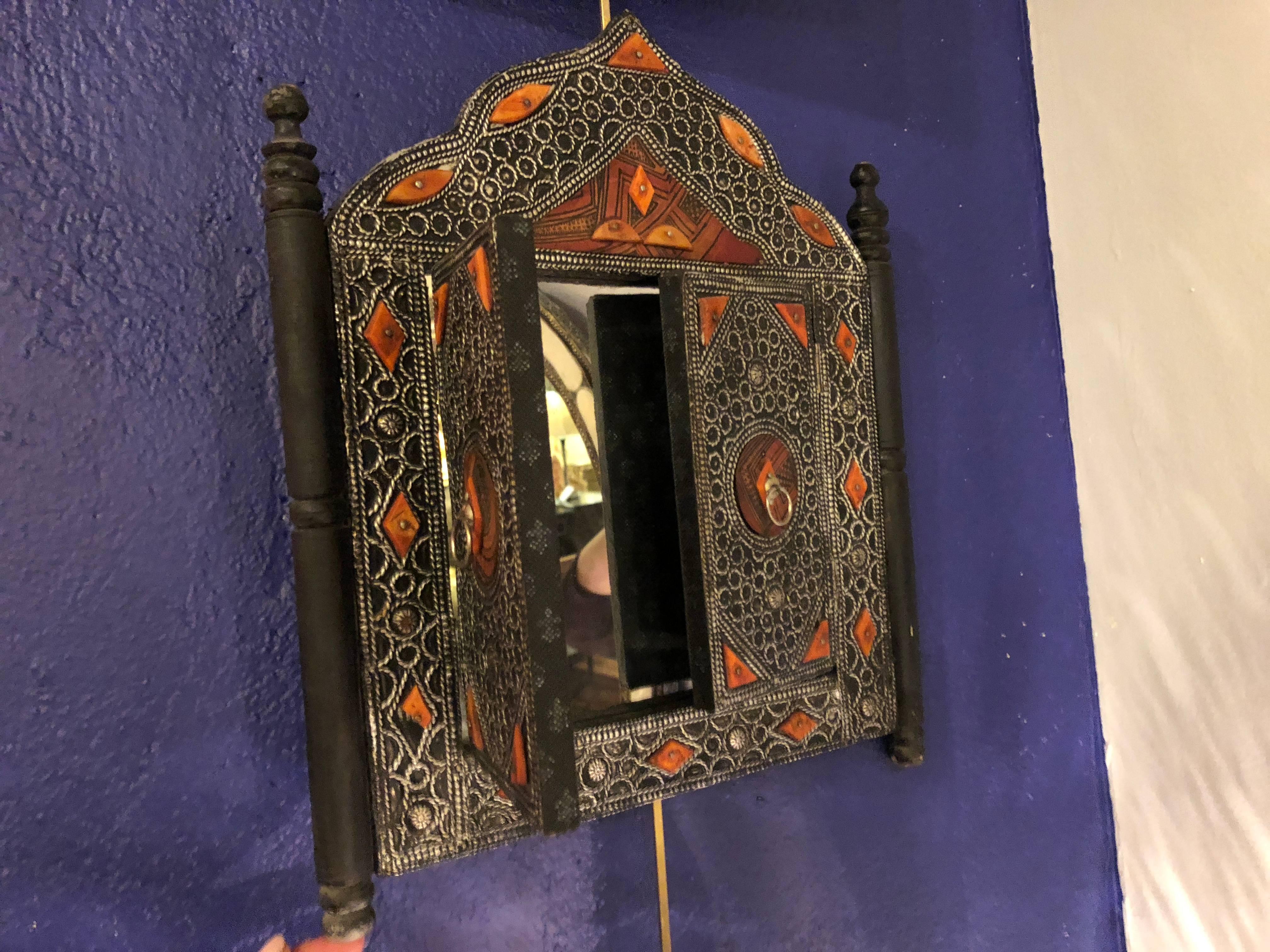 Late 20th Century Decorative Moroccan Door Form Wall Mirror Camel Bone Inlaid