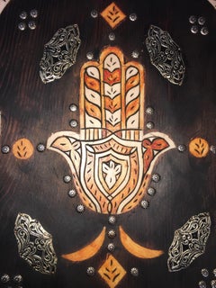 Handmade Decorative Moroccan Wood Cabinet Door - Bone Inlay, Hamsa, Silver
