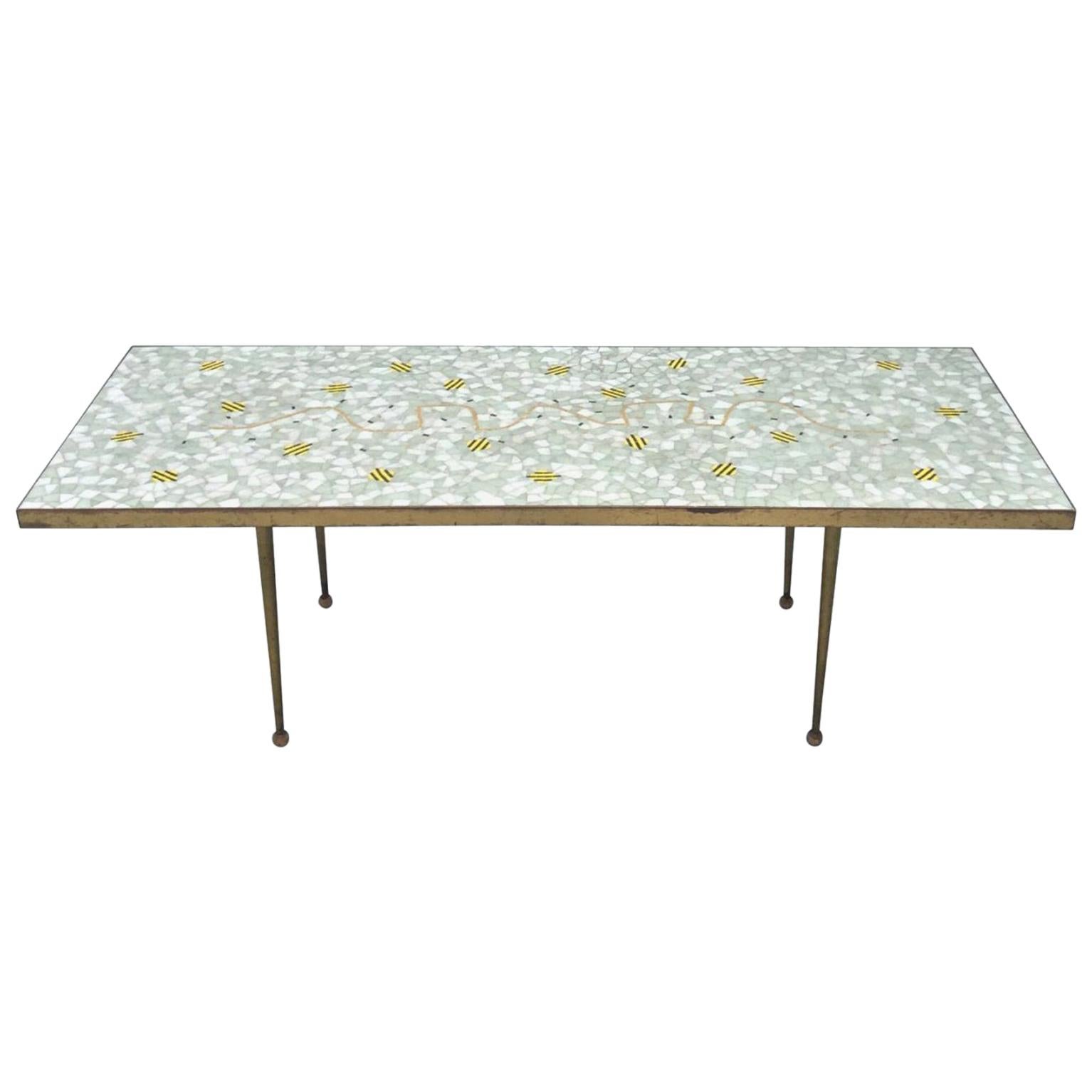 Decorative Mosaic Table with Brass Surround, 1950 For Sale