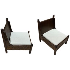 Italian Decorative Motif Pair of Oak Pull Up Side Chairs, 1960s