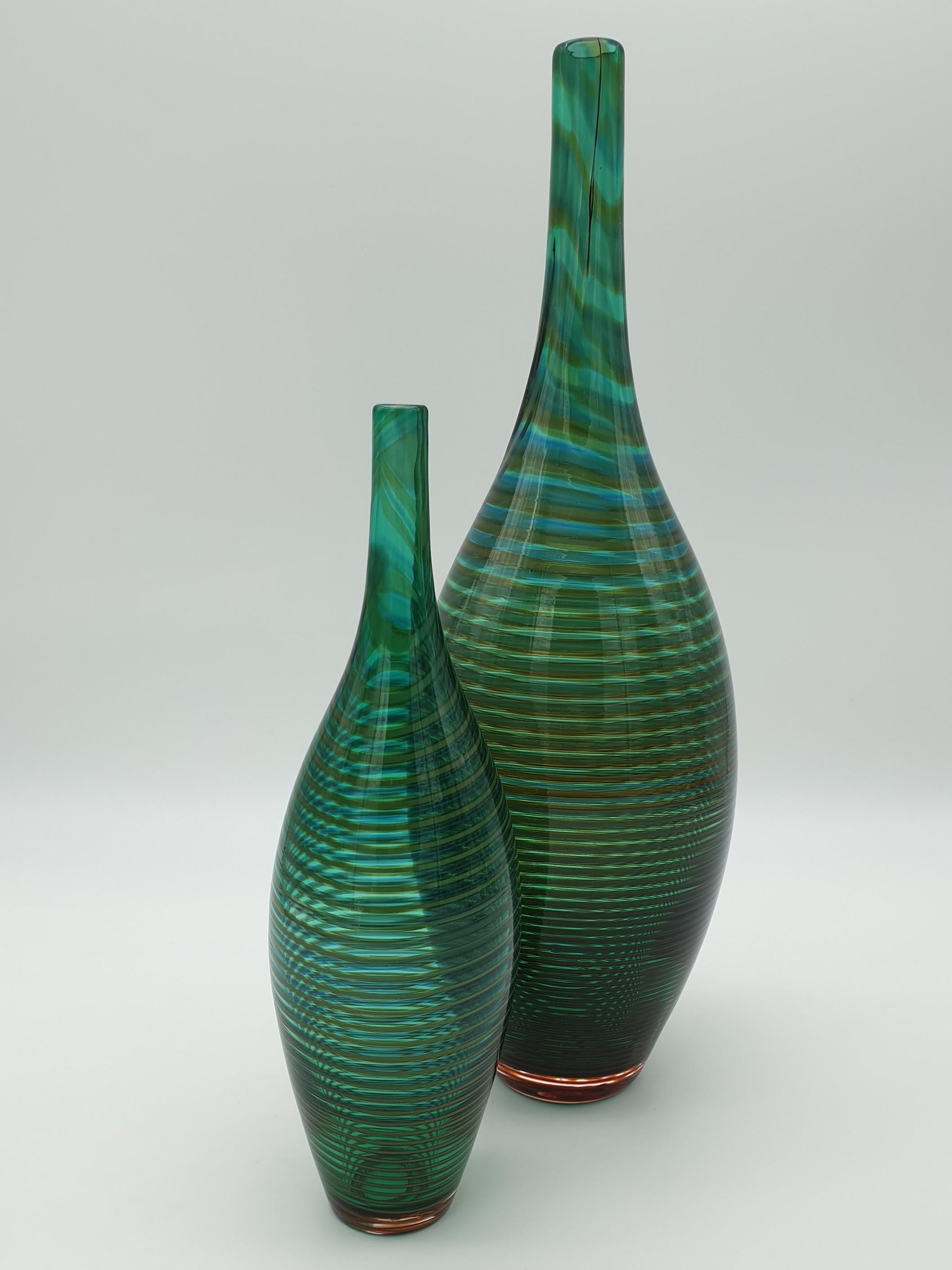Hand-Crafted Decorative Murano Glass Bottles by Cenedese, Green and Amber Color, 1980s For Sale