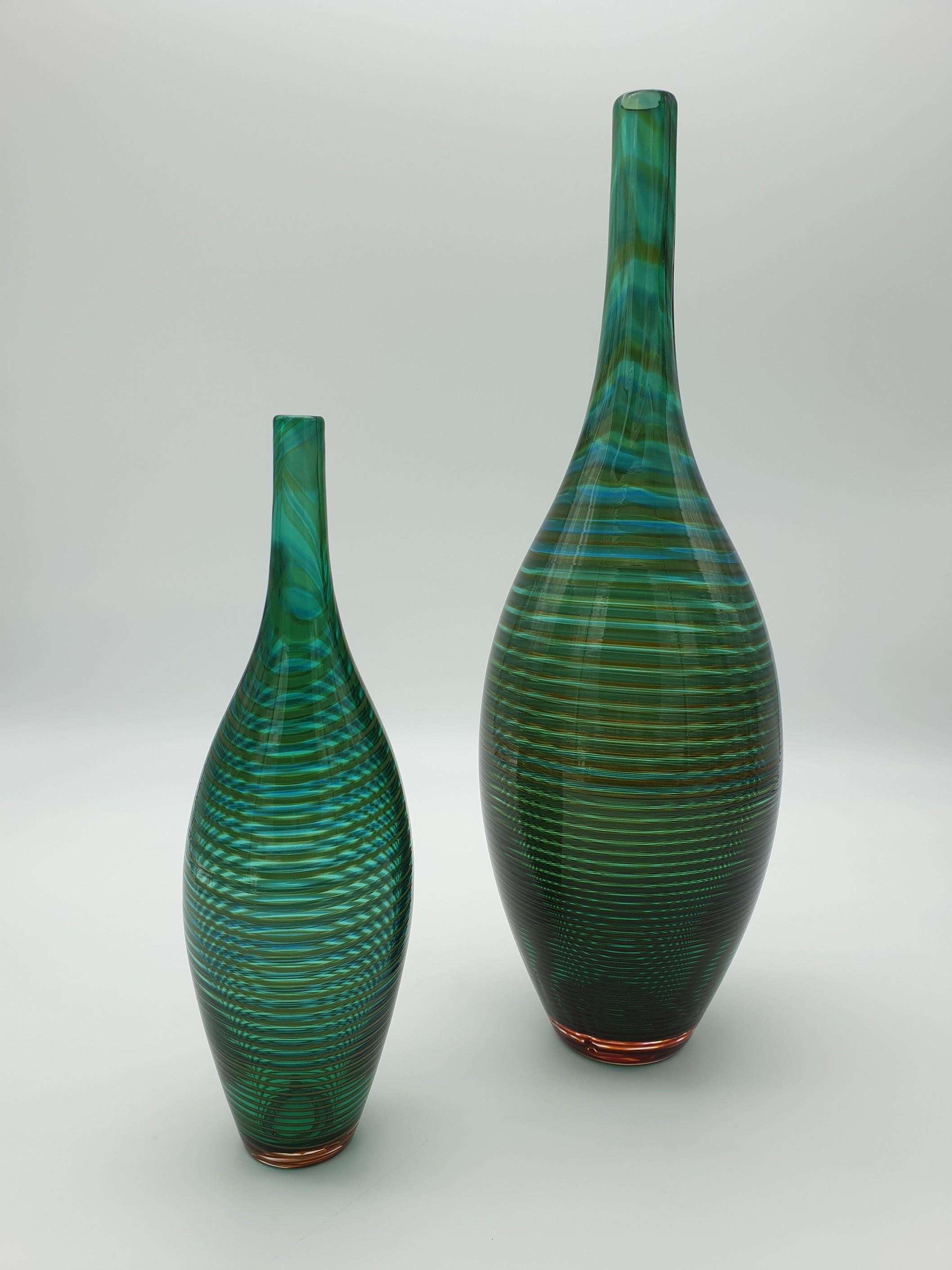 Late 20th Century Decorative Murano Glass Bottles by Cenedese, Green and Amber Color, 1980s For Sale
