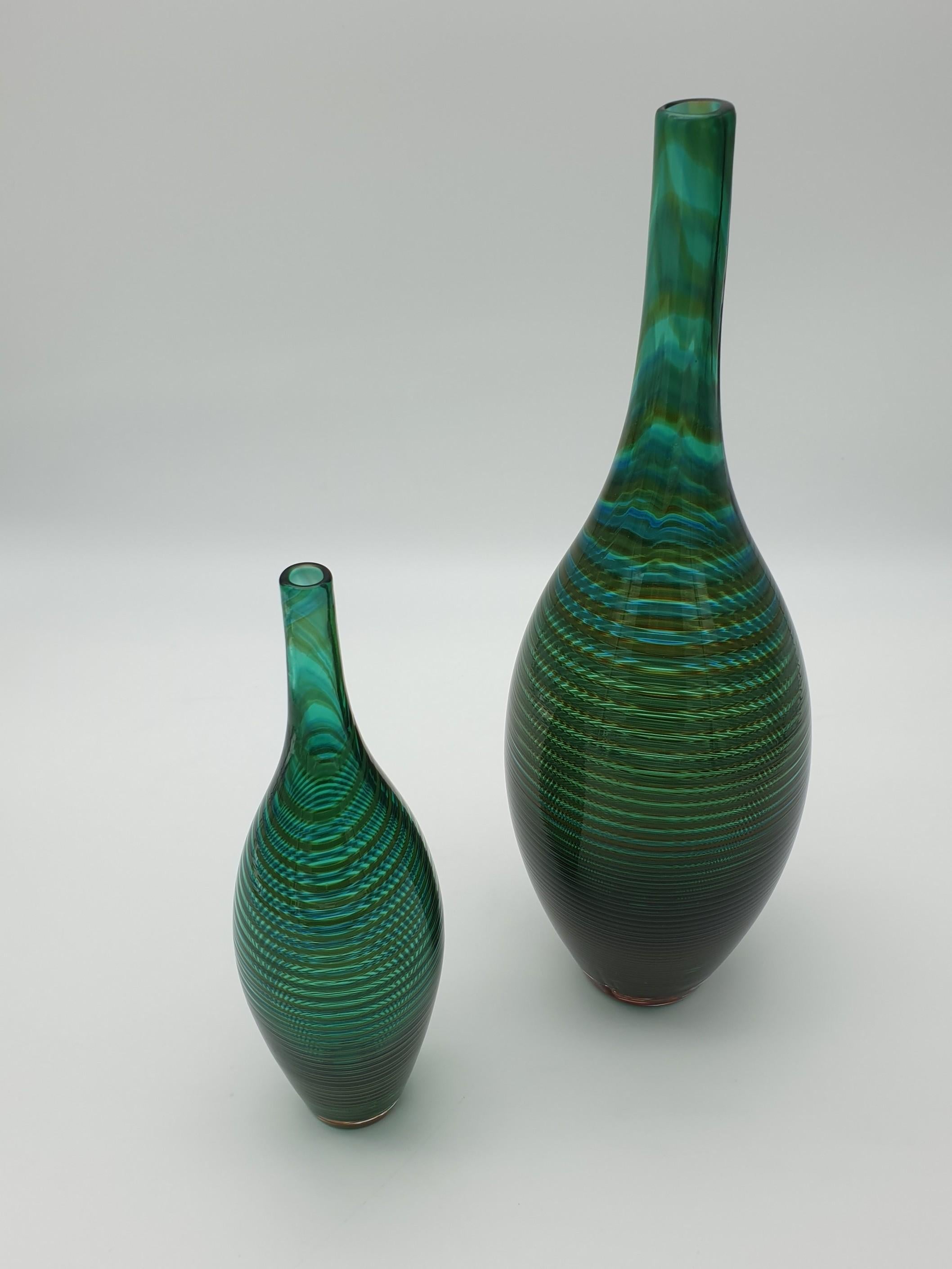 Decorative Murano Glass Bottles by Cenedese, Green and Amber Color, 1980s For Sale 1