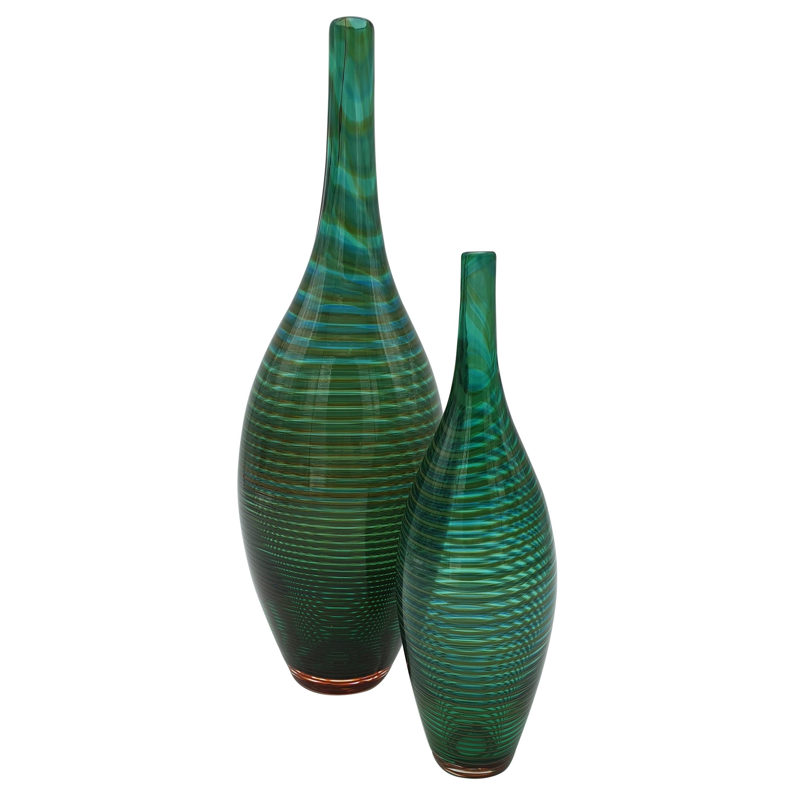 Decorative Murano Glass Bottles by Cenedese, Green and Amber Color, 1980s For Sale