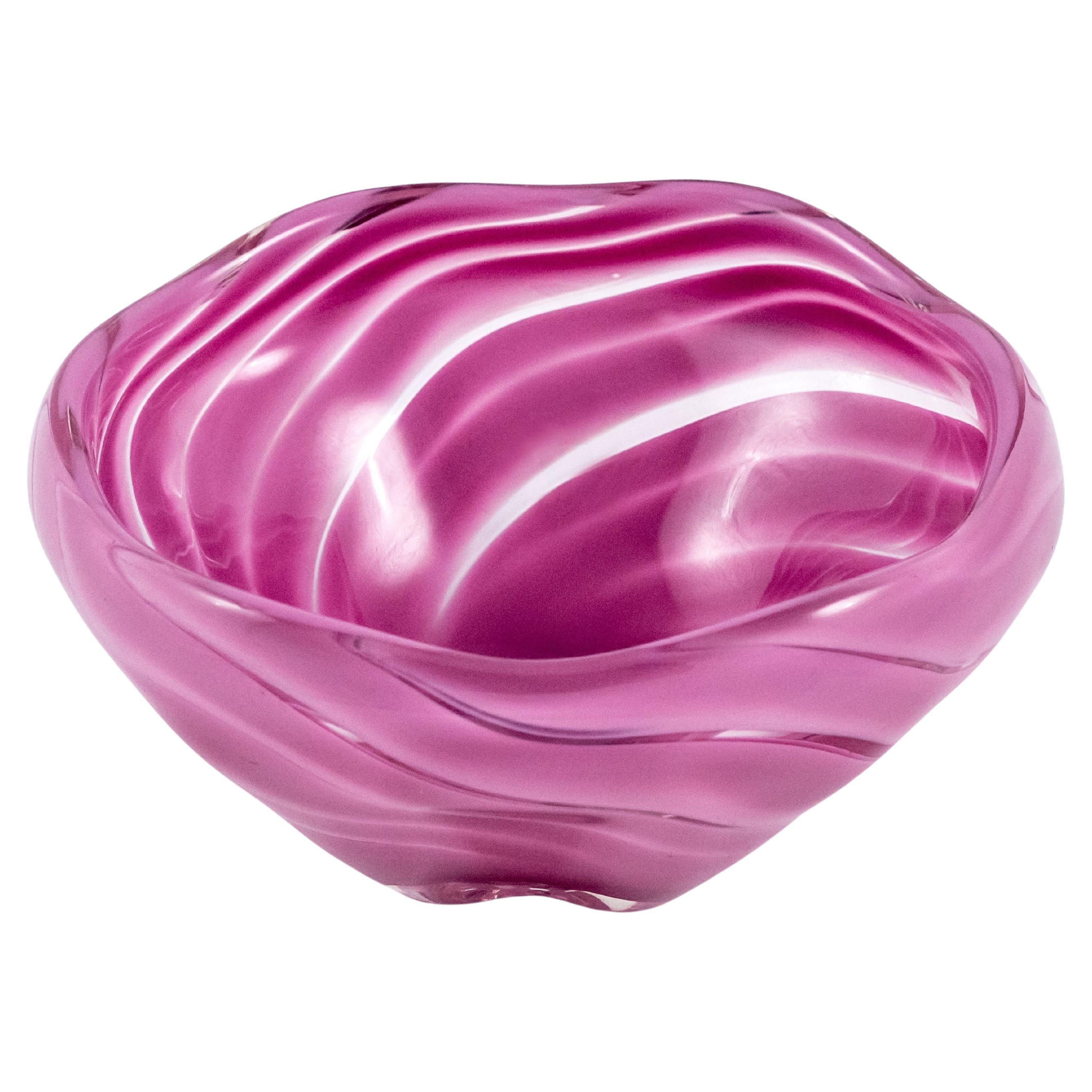 Hand-Crafted Murano Glass Bowl with Pink Ribbons, Mid-Century Modern