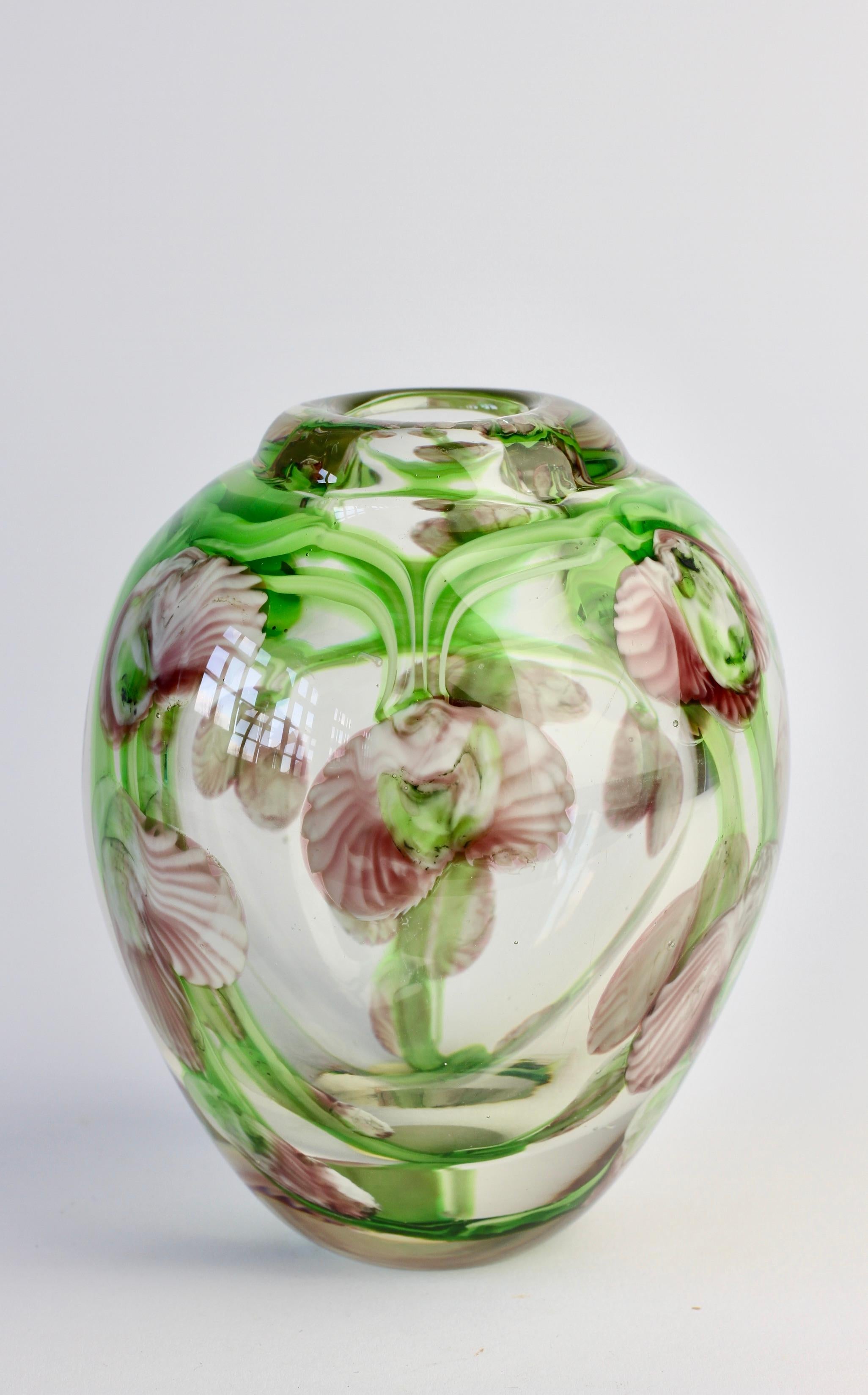Mid-Century Modern Decorative Small Glass Vase with Pink and Green Flower Inclusions