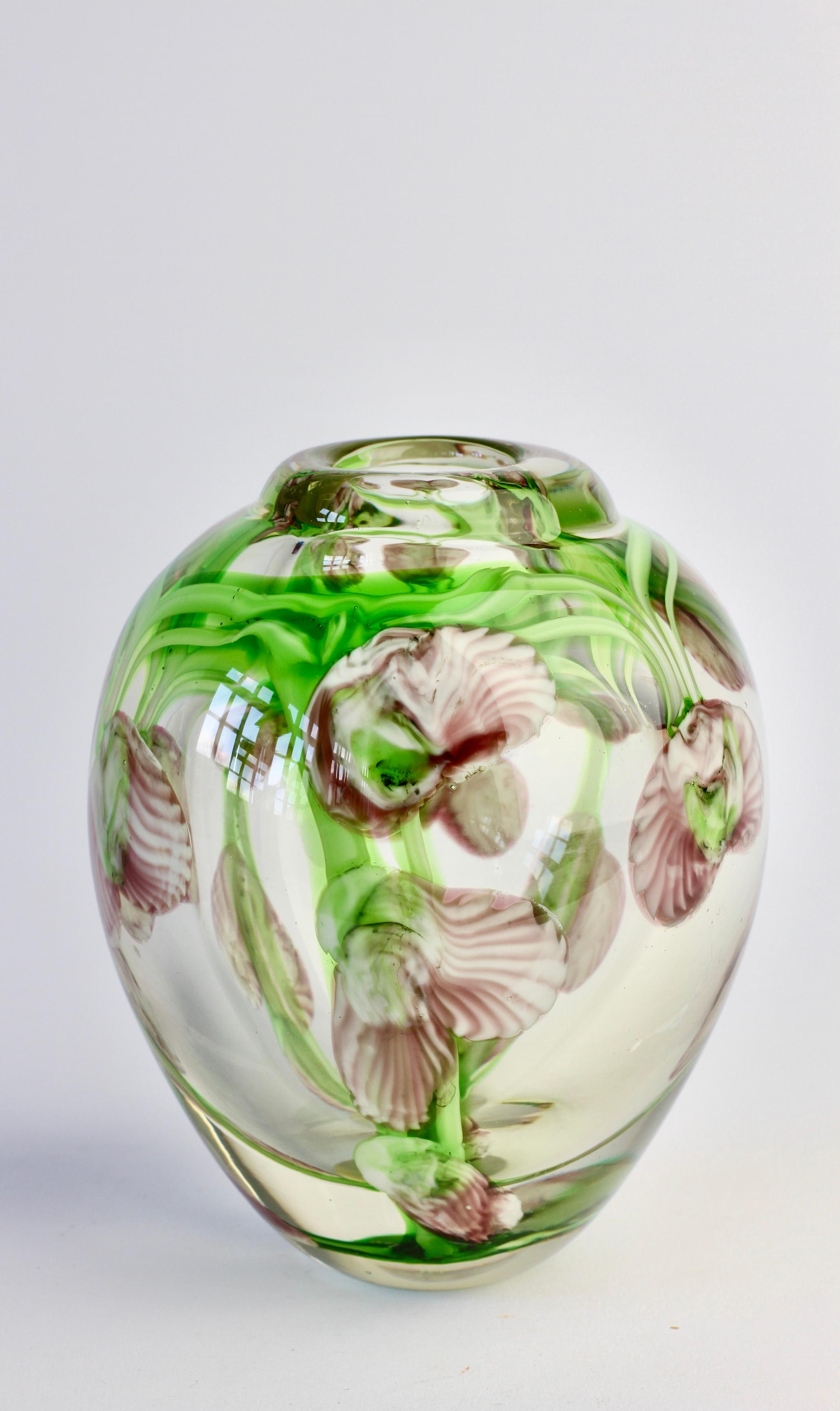 Chinese Decorative Small Glass Vase with Pink and Green Flower Inclusions