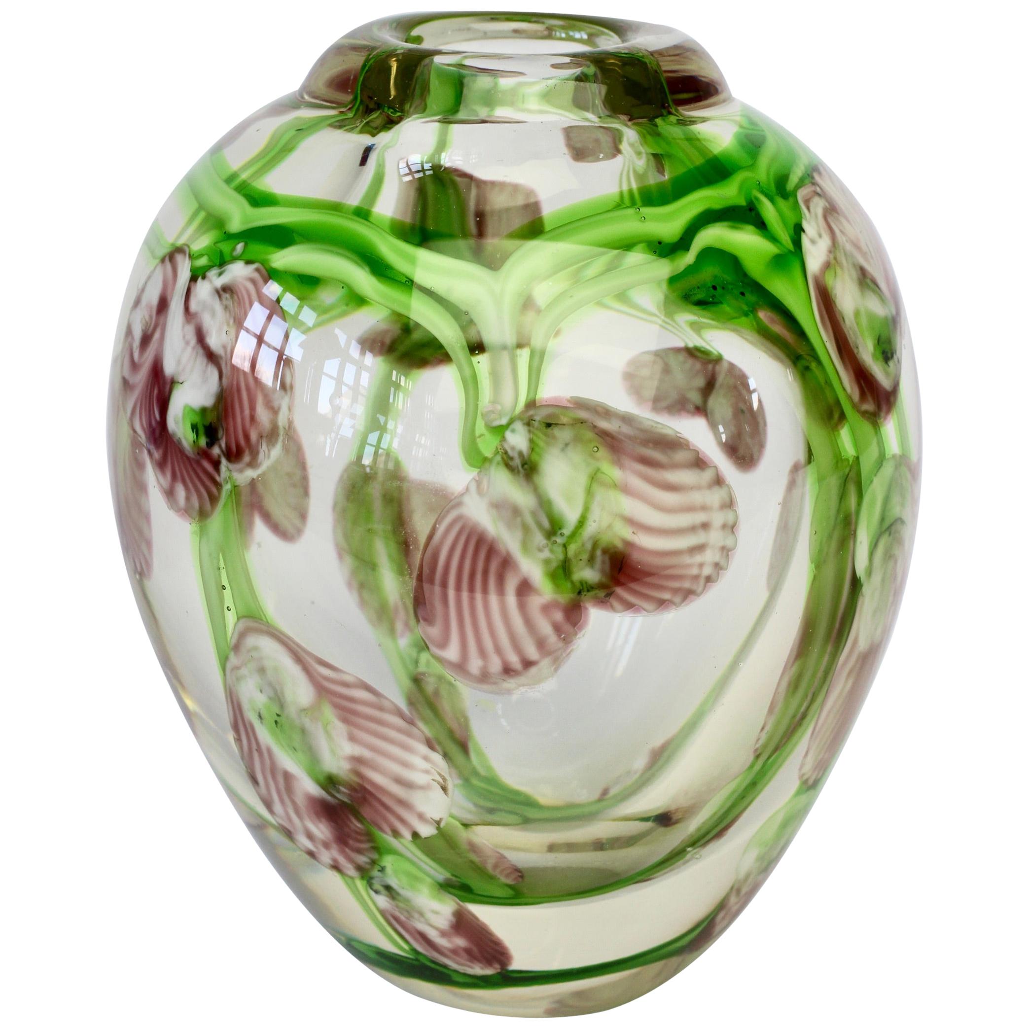 Decorative Small Glass Vase with Pink and Green Flower Inclusions