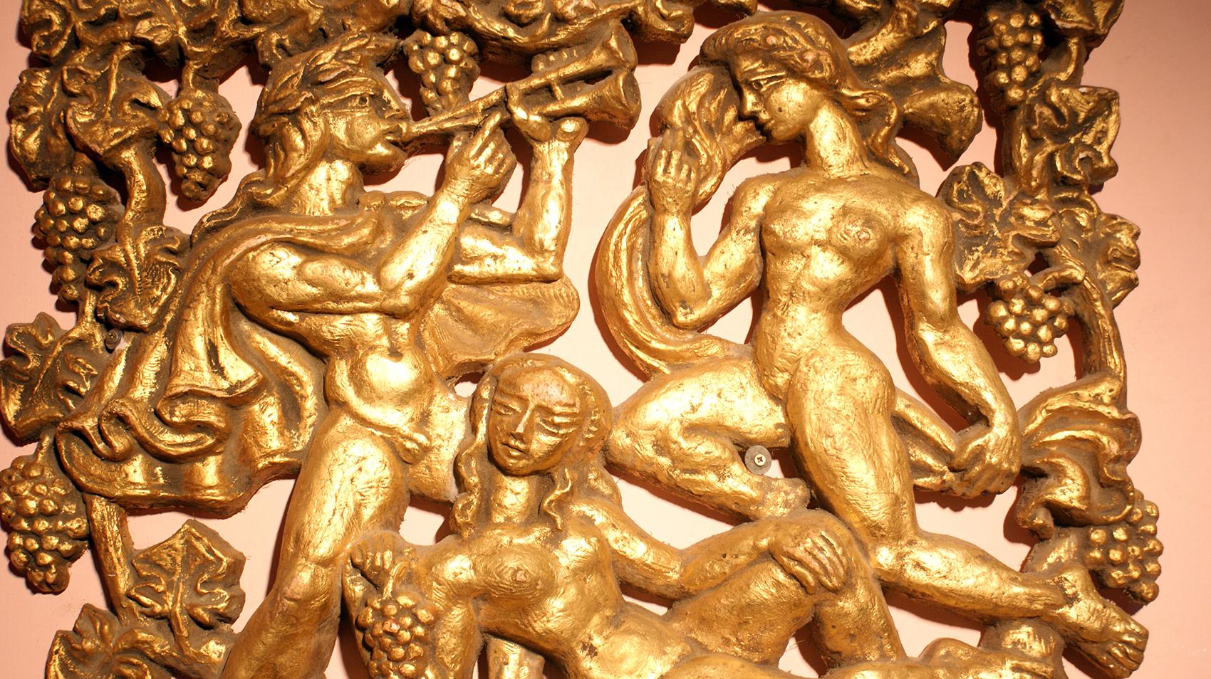 French Decorative Mythological Relief Plaster Panel in Gilt Color For Sale