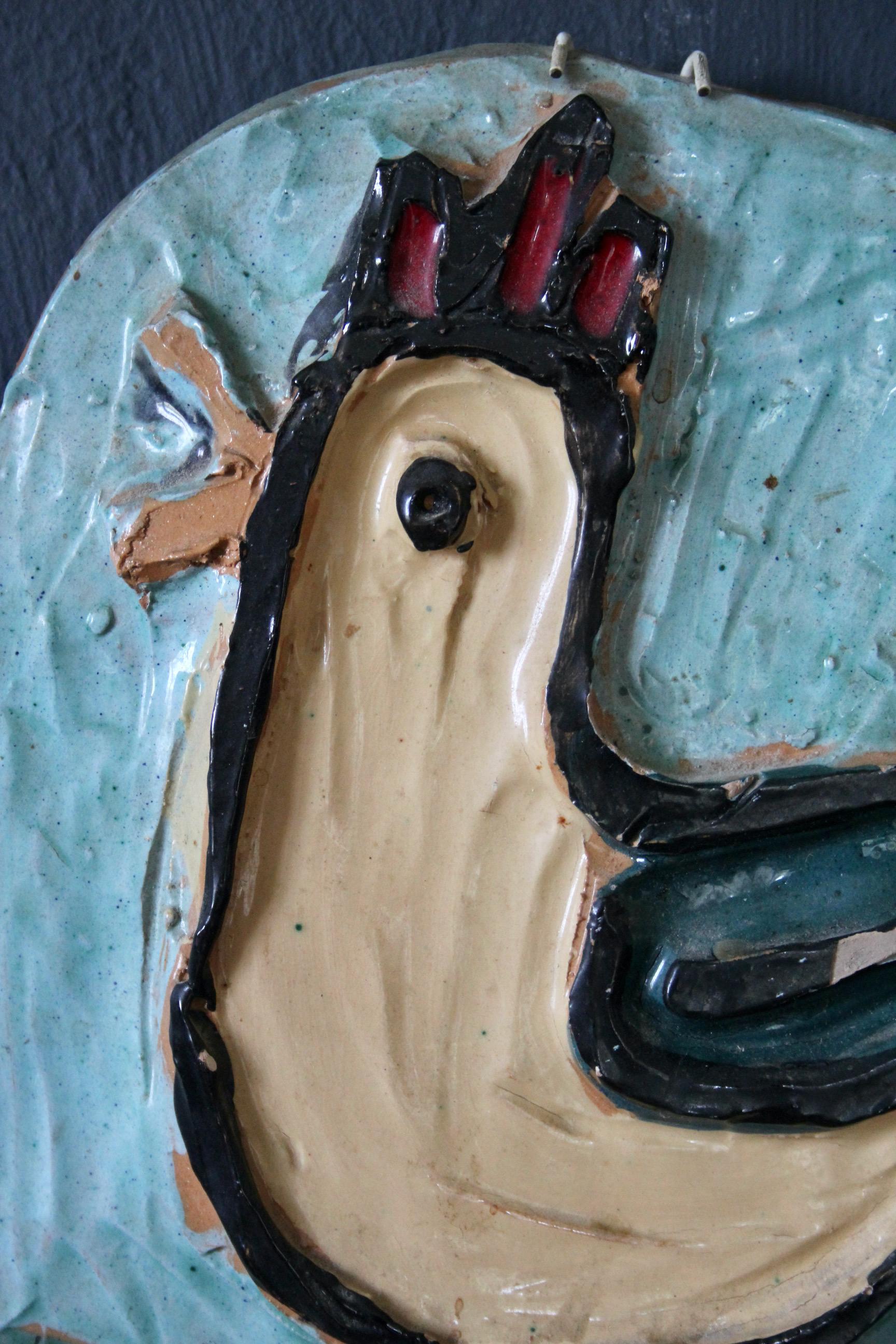 Late 20th Century Decorative naive wall ceramic sculpture For Sale