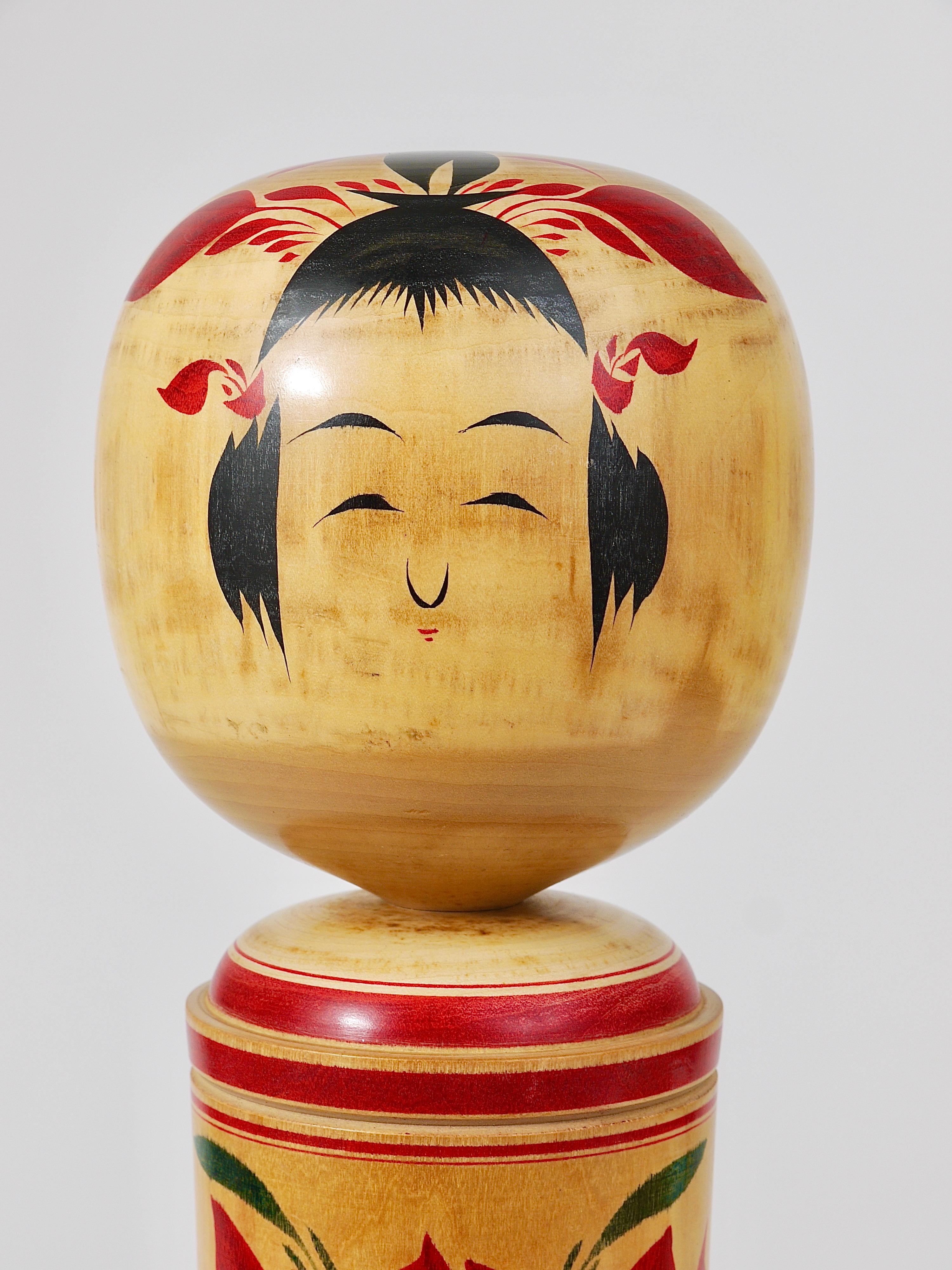 Japanese Decorative Naruko Kokeshi Doll Sculpture from Northern Japan, Hand-Painted For Sale