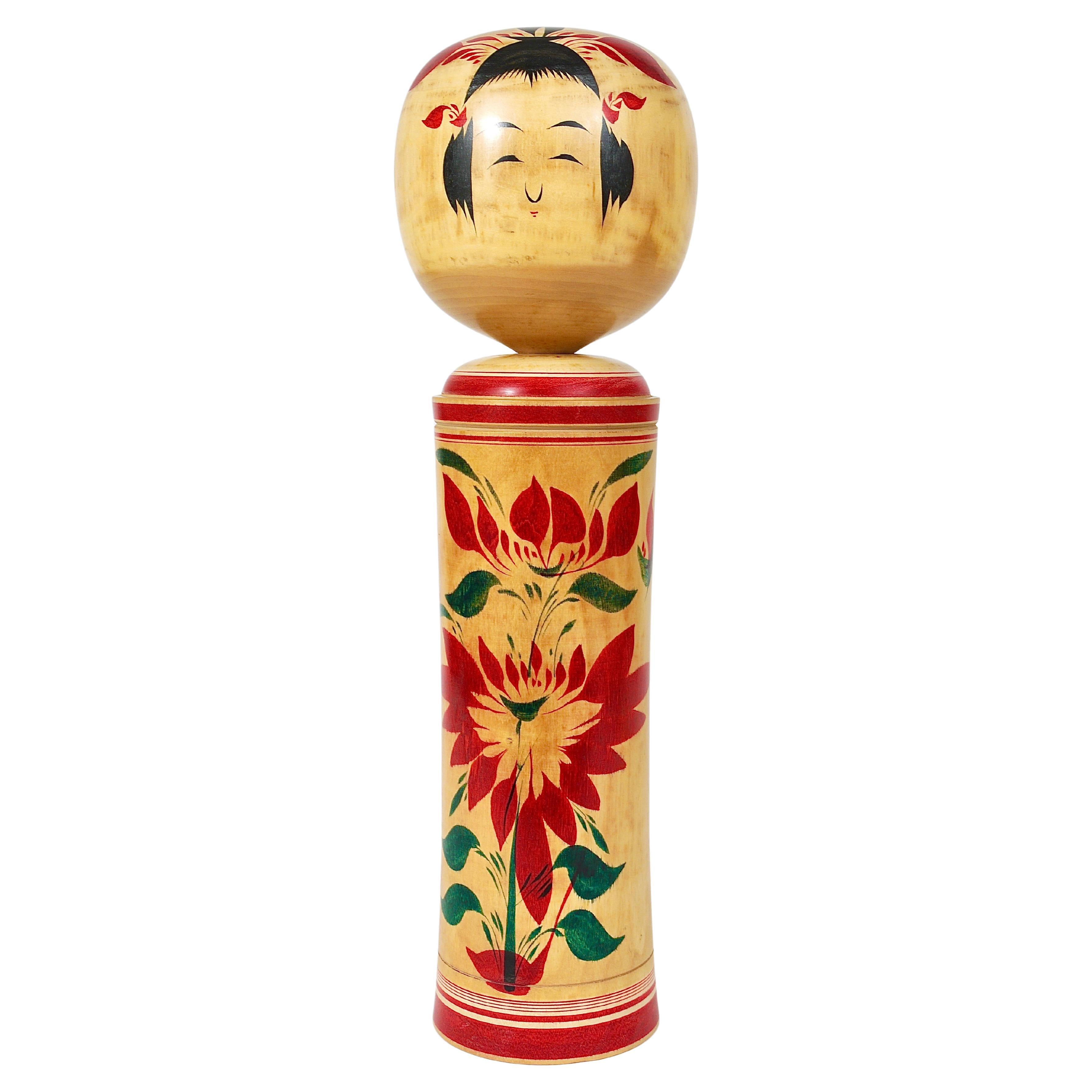 Decorative Naruko Kokeshi Doll Sculpture from Northern Japan, Hand-Painted For Sale