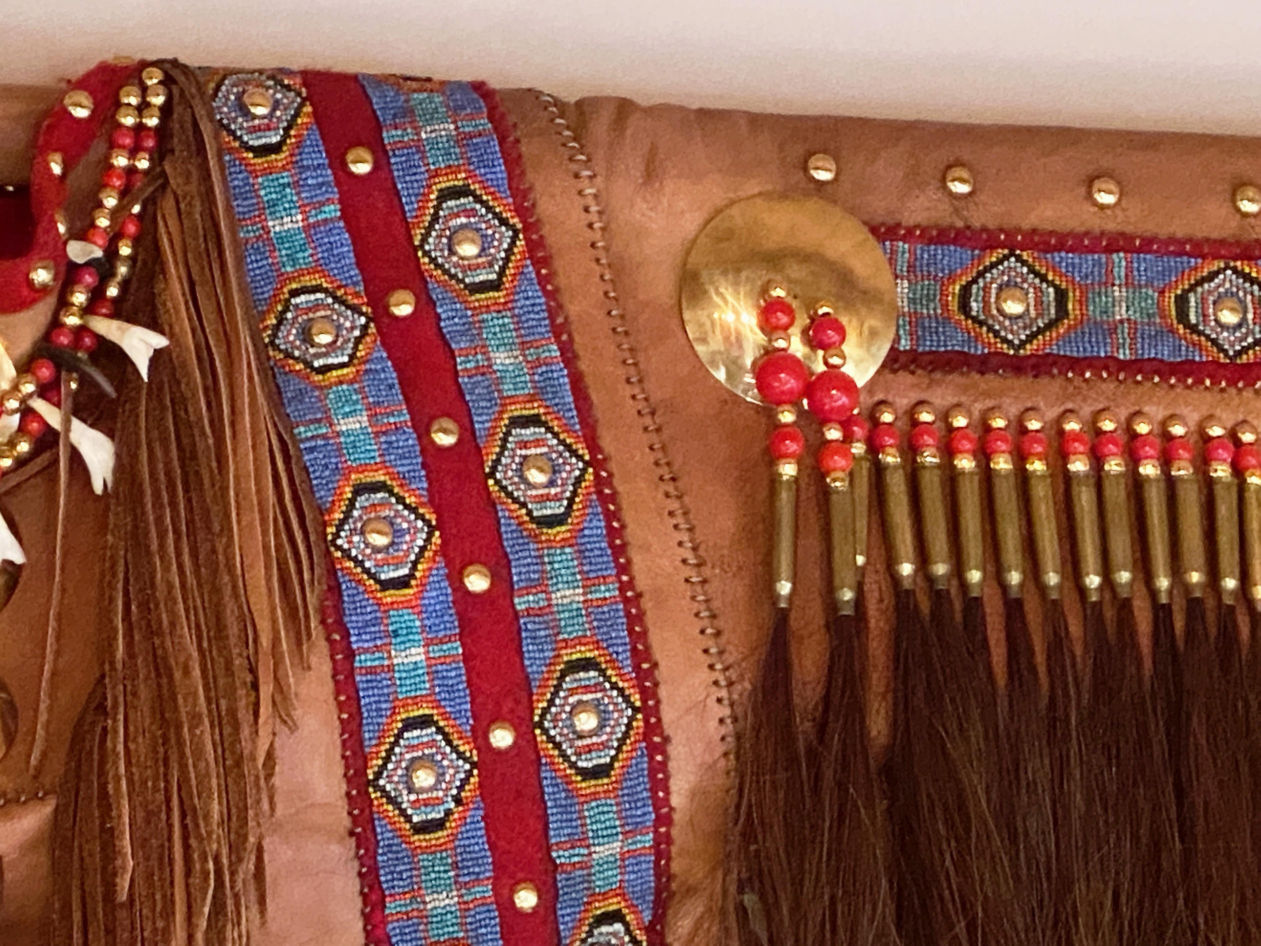Decorative Native American War Shirt Beadwork on Felt and Leather For Sale 1