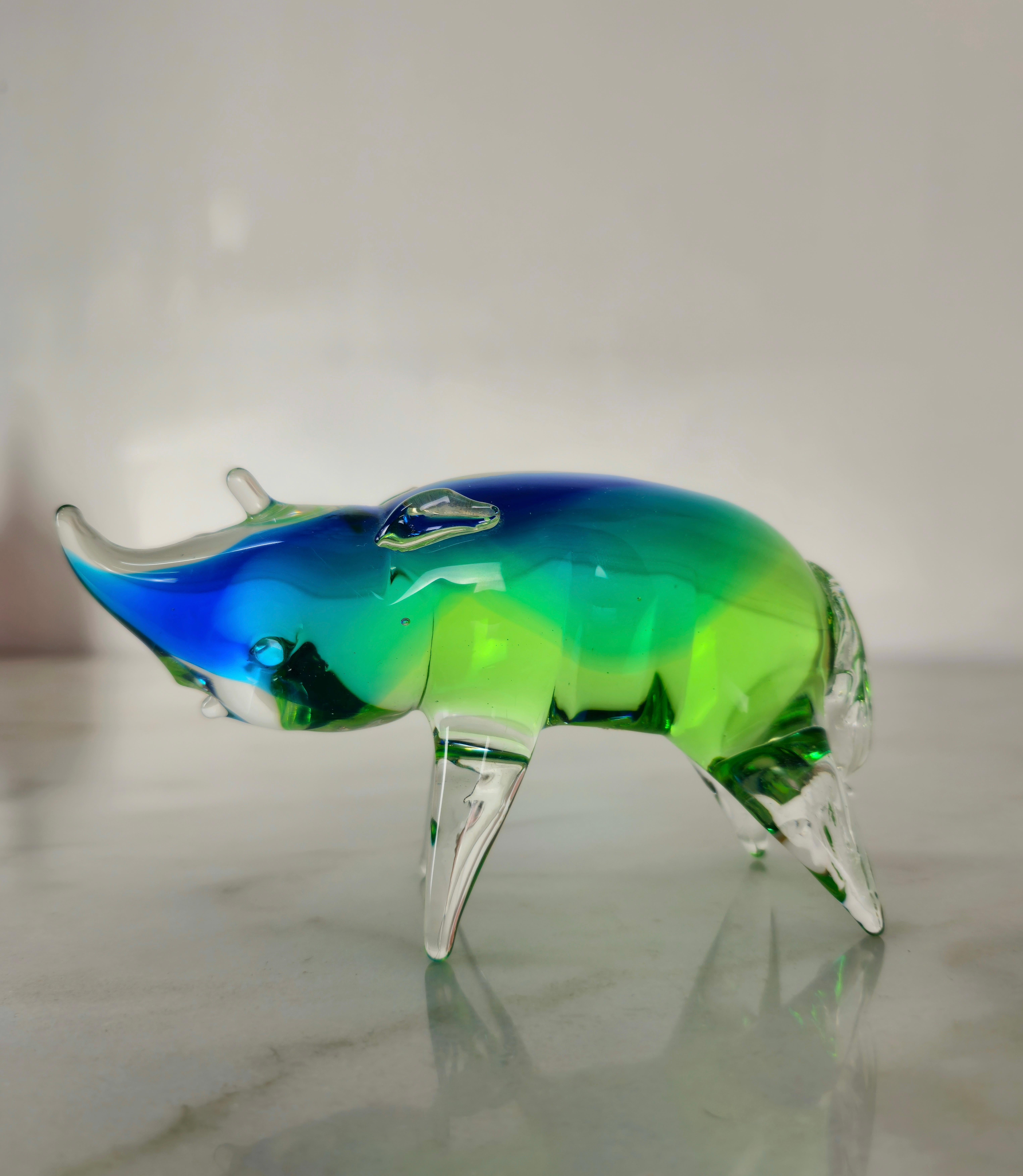 Decorative object/small sculpture in multicolored Murano glass depicting a rhinoceros. Italy 80s.