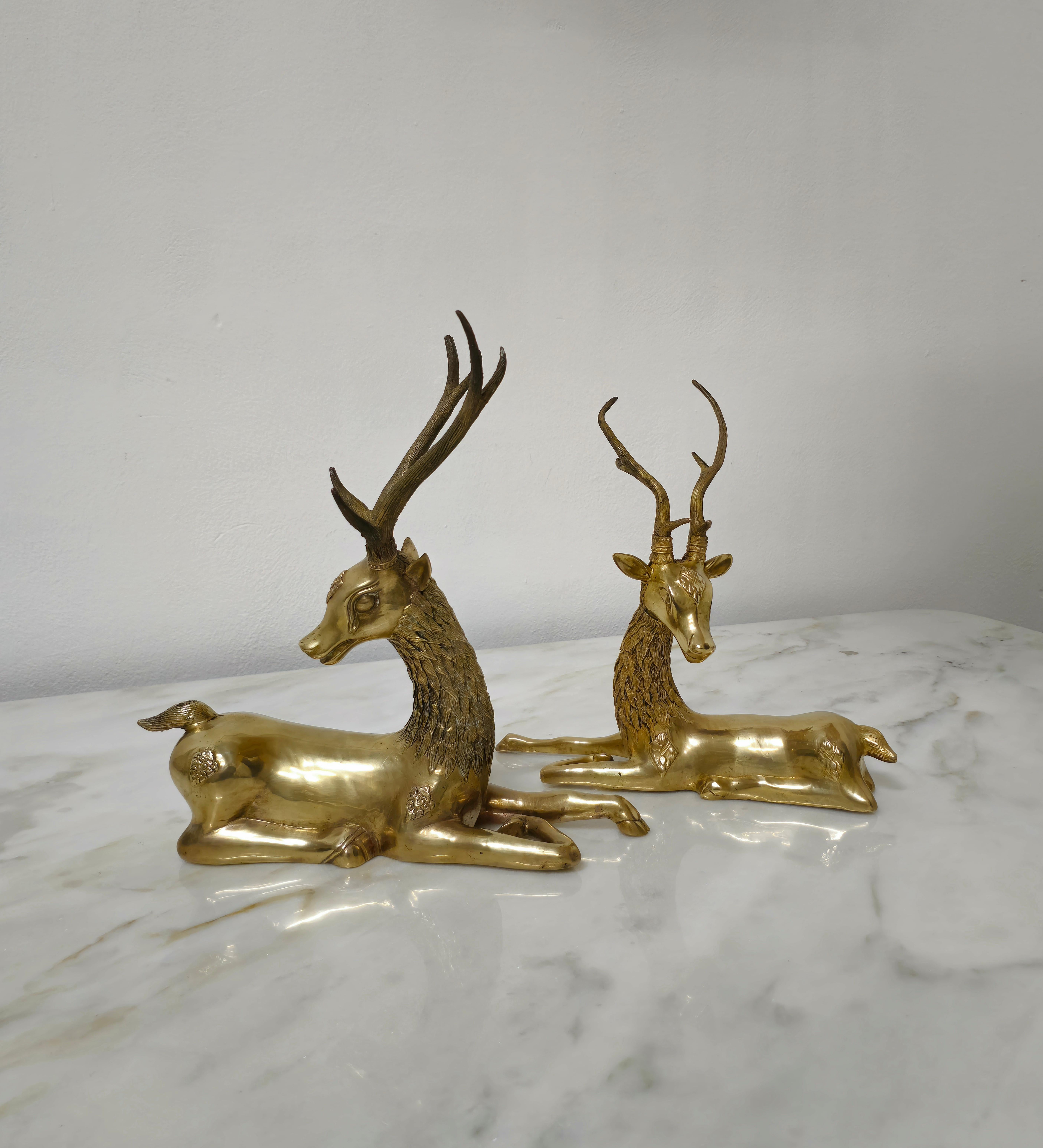 Italian Decorative Objects Animal Sculptures Deer Brass Hollywood Regency 1960s Set of 2 For Sale