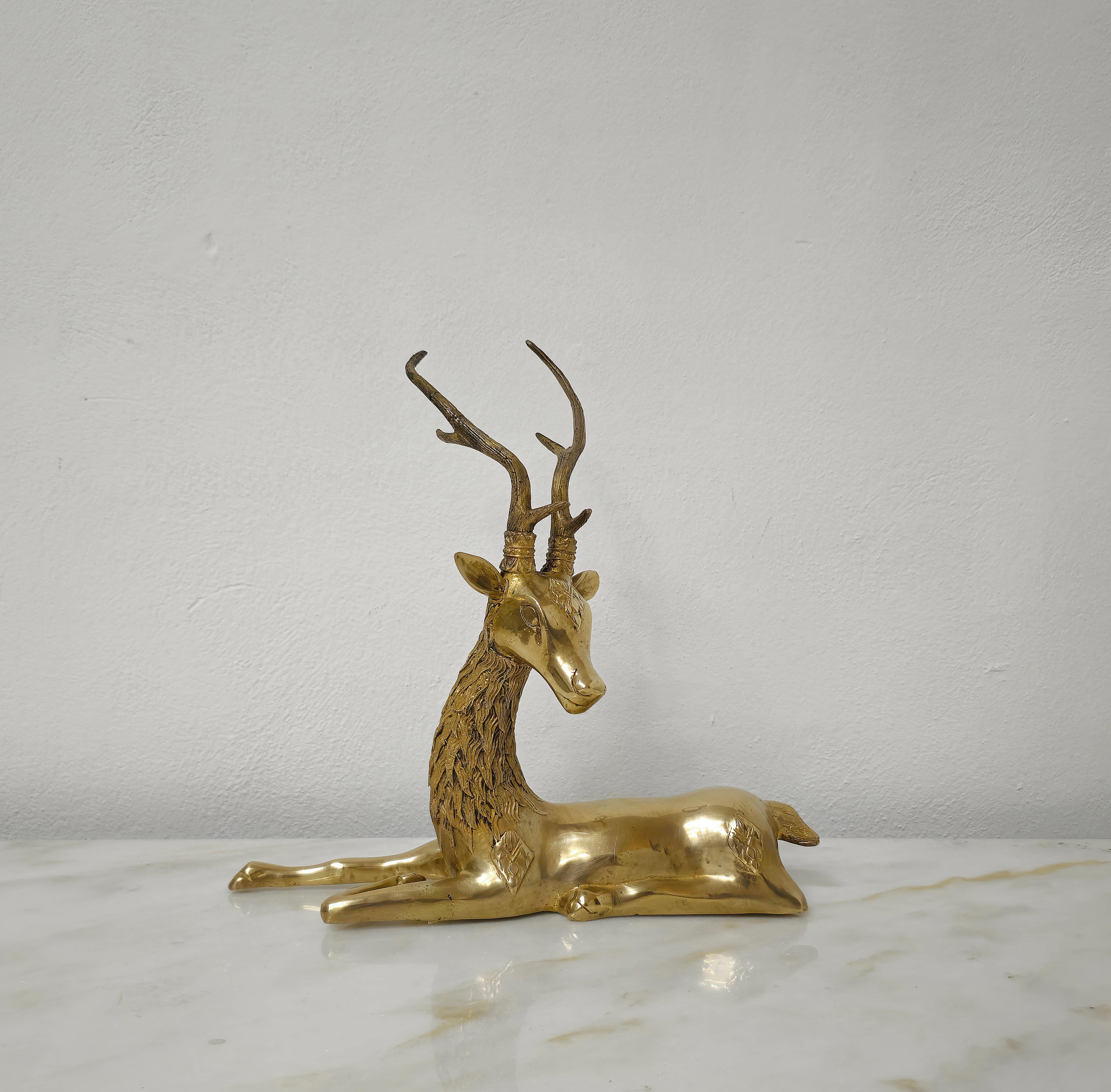 Decorative Objects Animal Sculptures Deer Brass Hollywood Regency 1960s Set of 2 In Good Condition For Sale In Palermo, IT