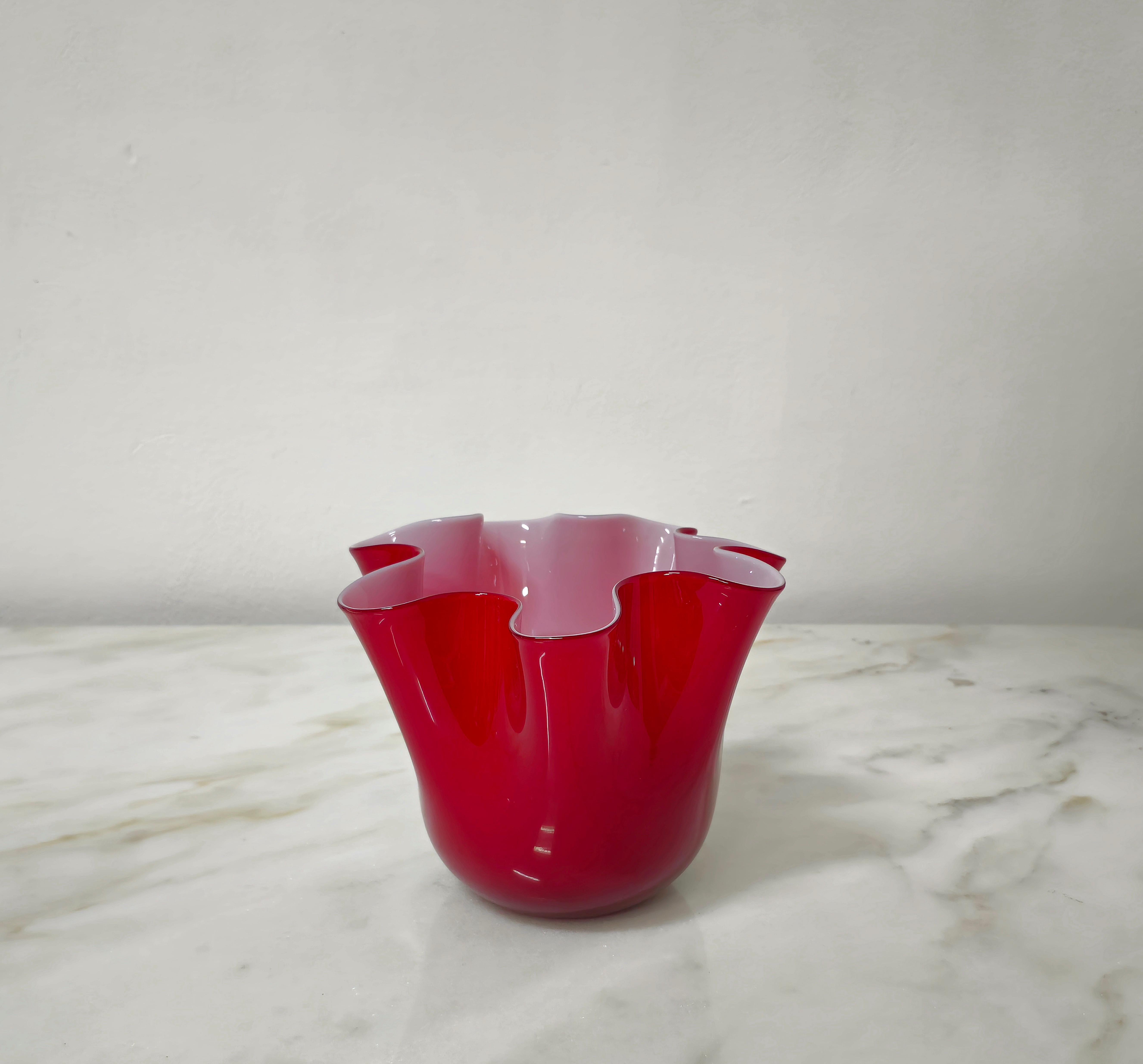 Italian Decorative Object Vase Red Murano Glass Handkerchief Midcentury Italy 1980s For Sale