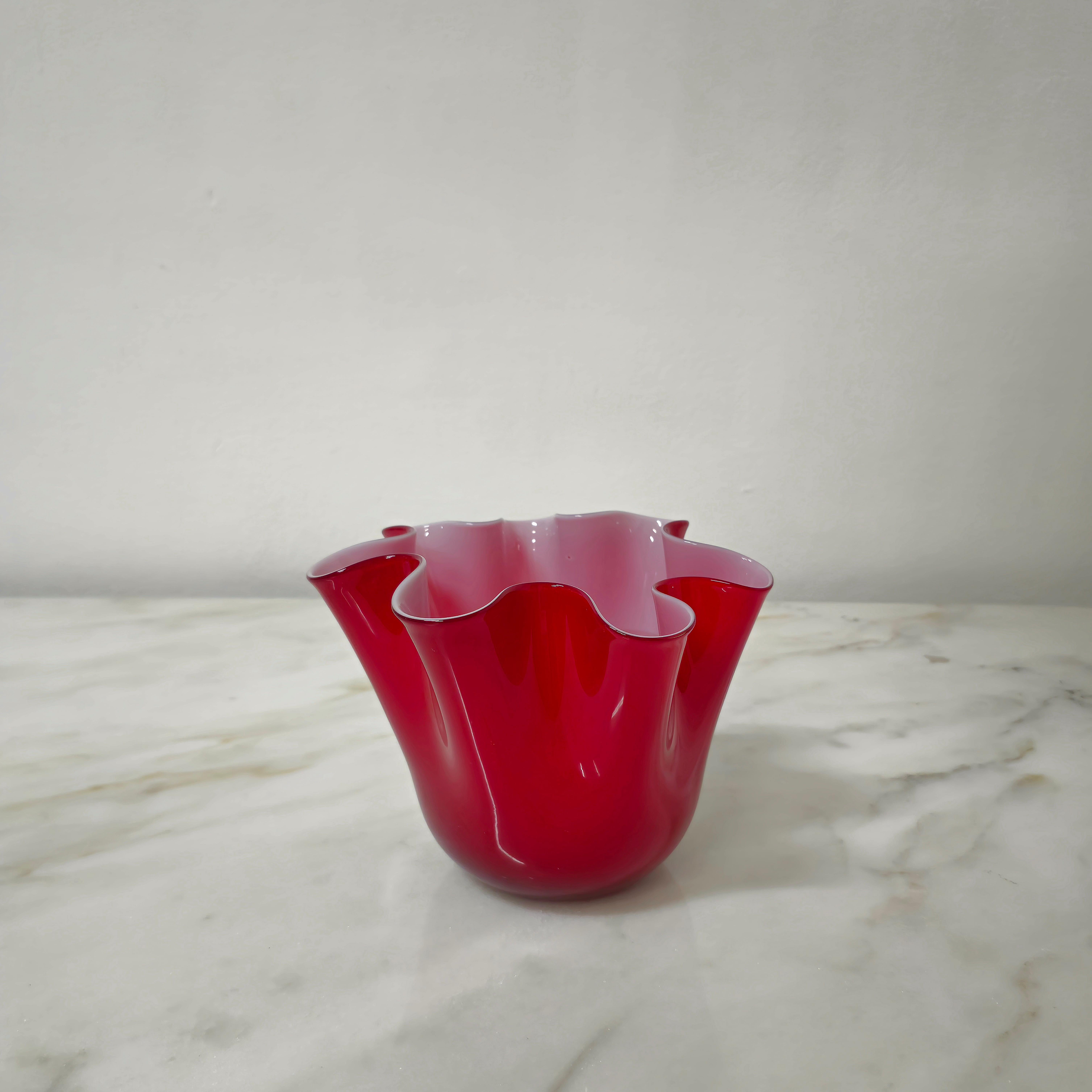 Late 20th Century Decorative Object Vase Red Murano Glass Handkerchief Midcentury Italy 1980s For Sale
