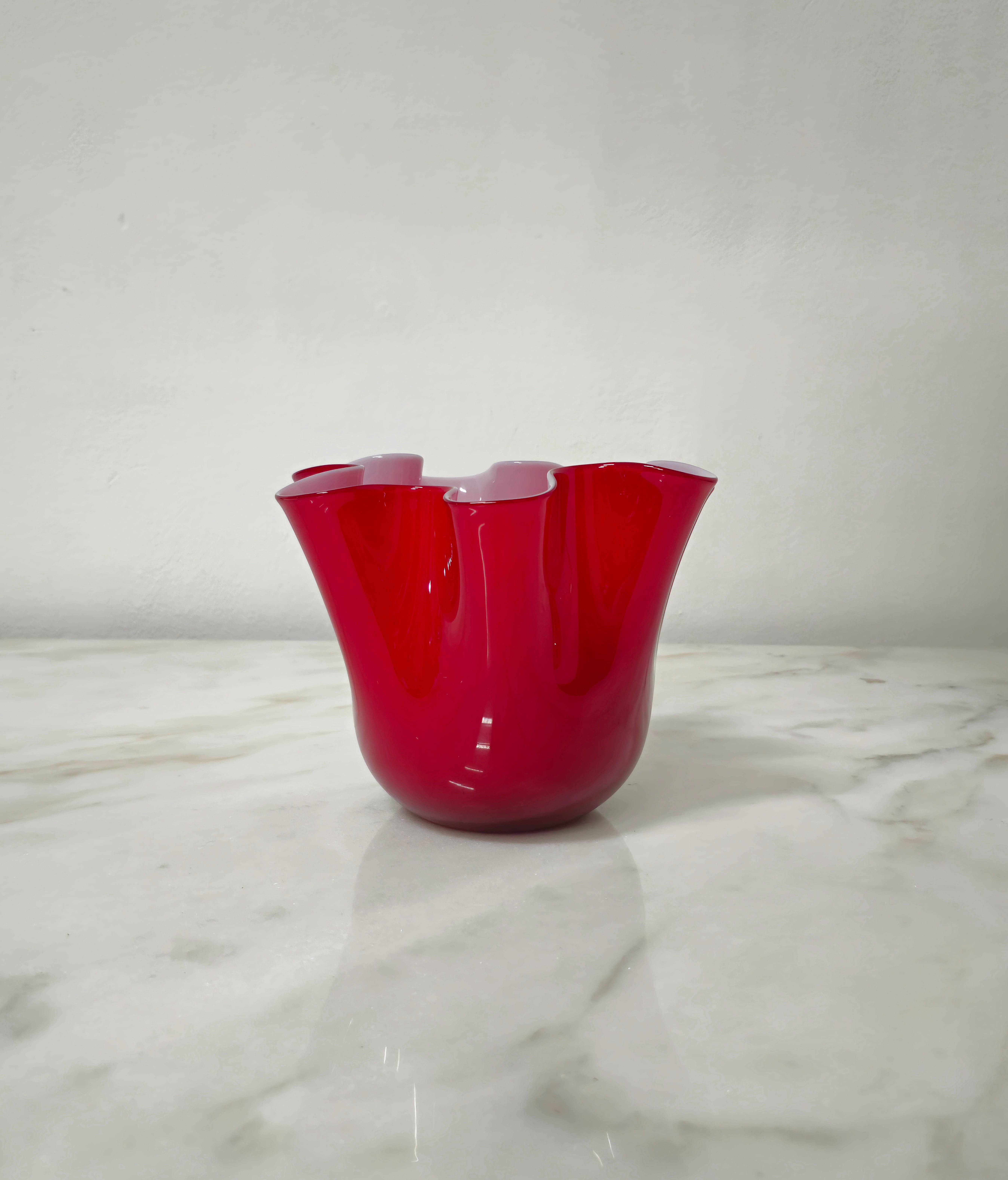 Decorative Object Vase Red Murano Glass Handkerchief Midcentury Italy 1980s For Sale 2