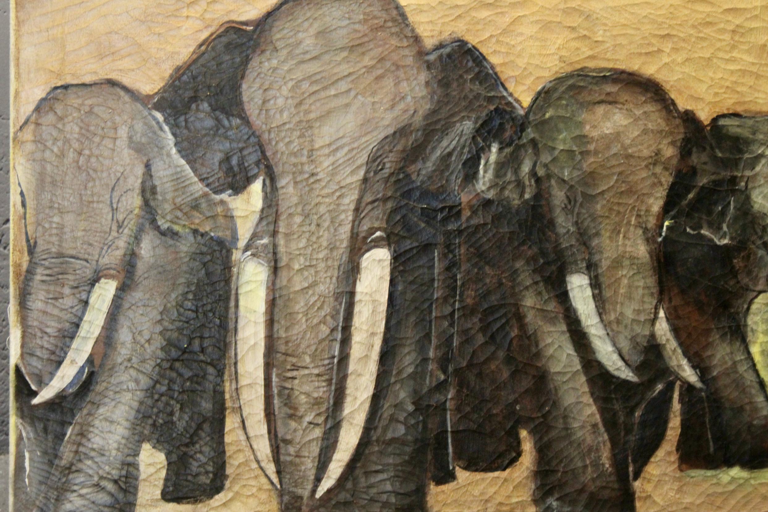 European Decorative oil on canvas representing elephants For Sale