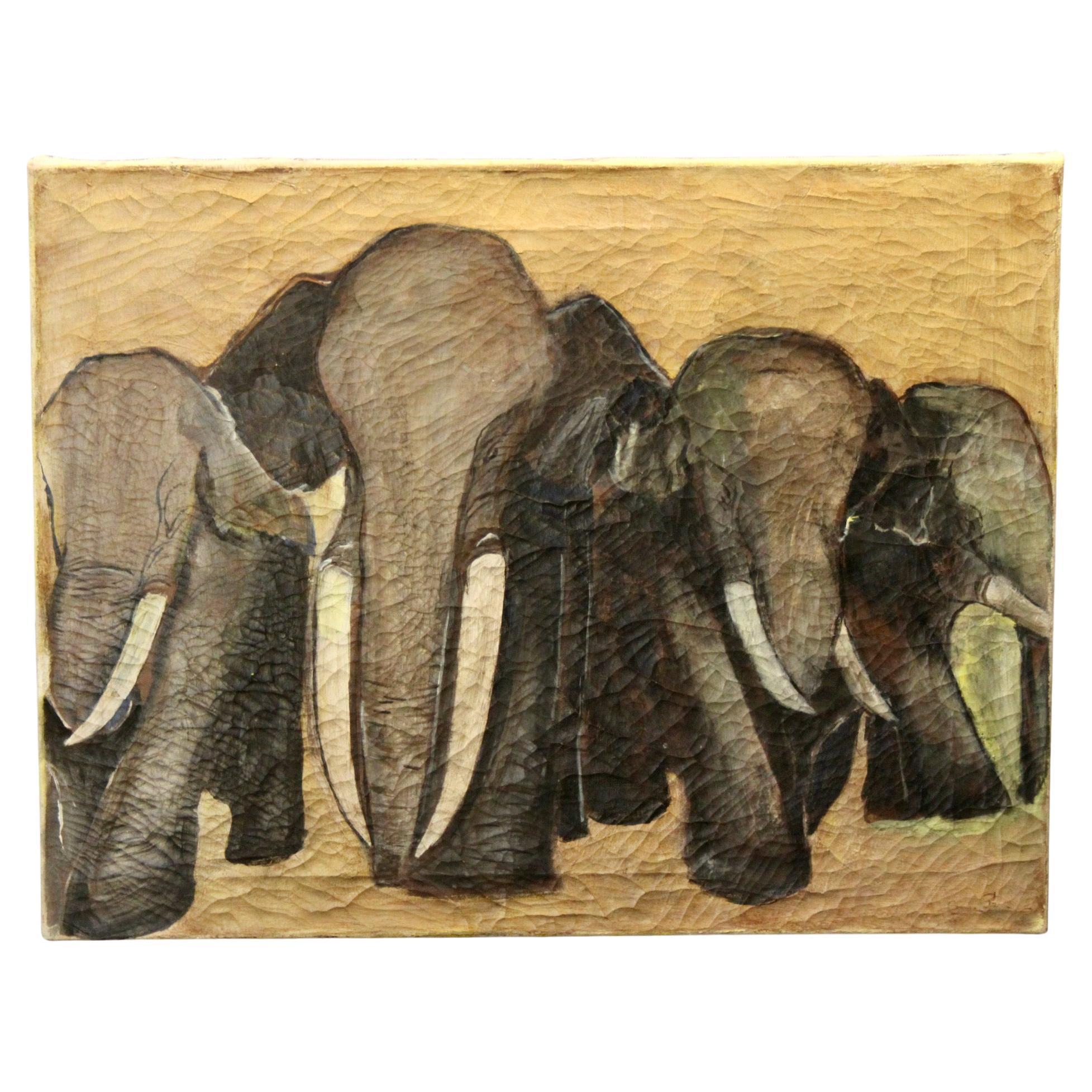 Decorative oil on canvas representing elephants For Sale