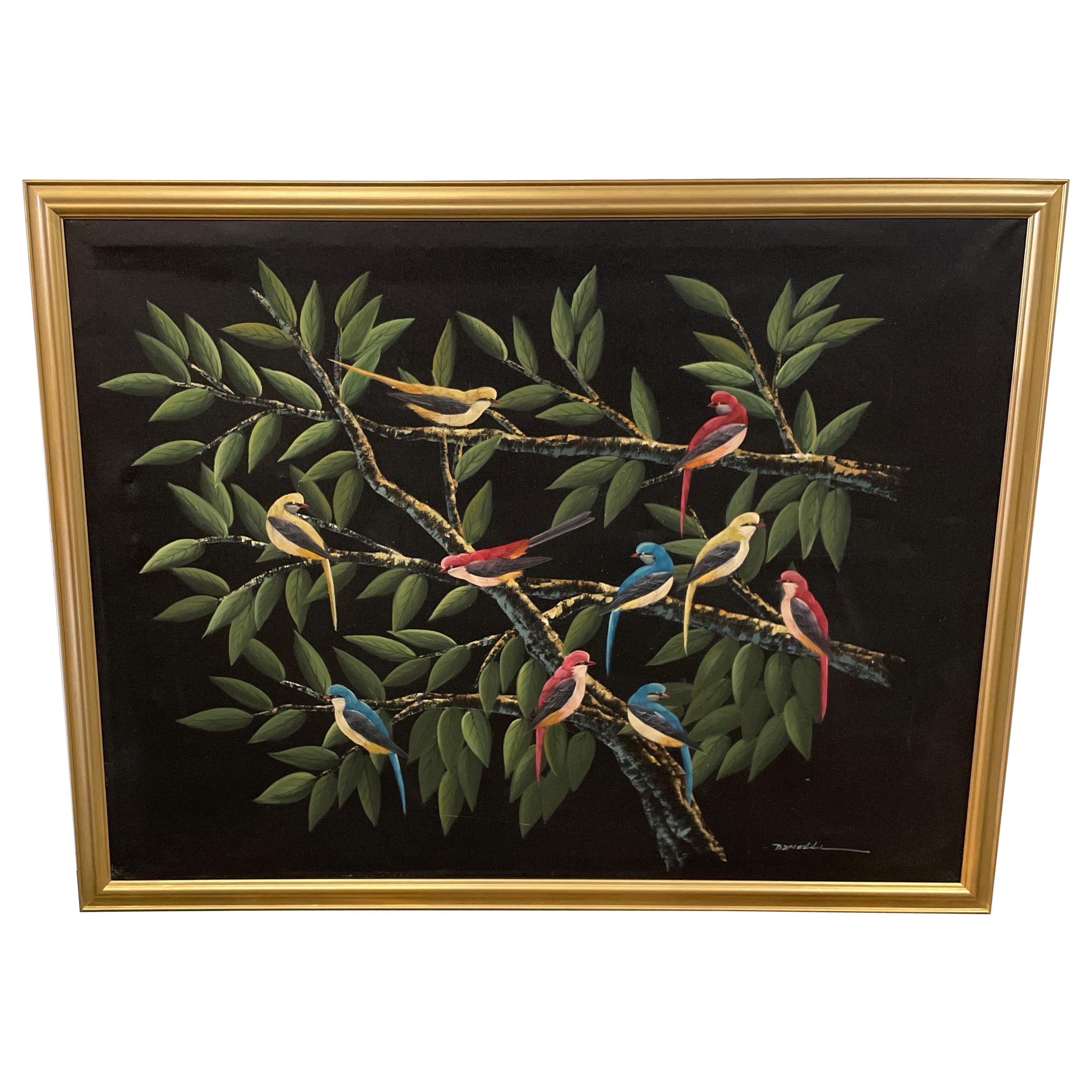 Decorative Oil Painting of Colorful Birds on Black Ground