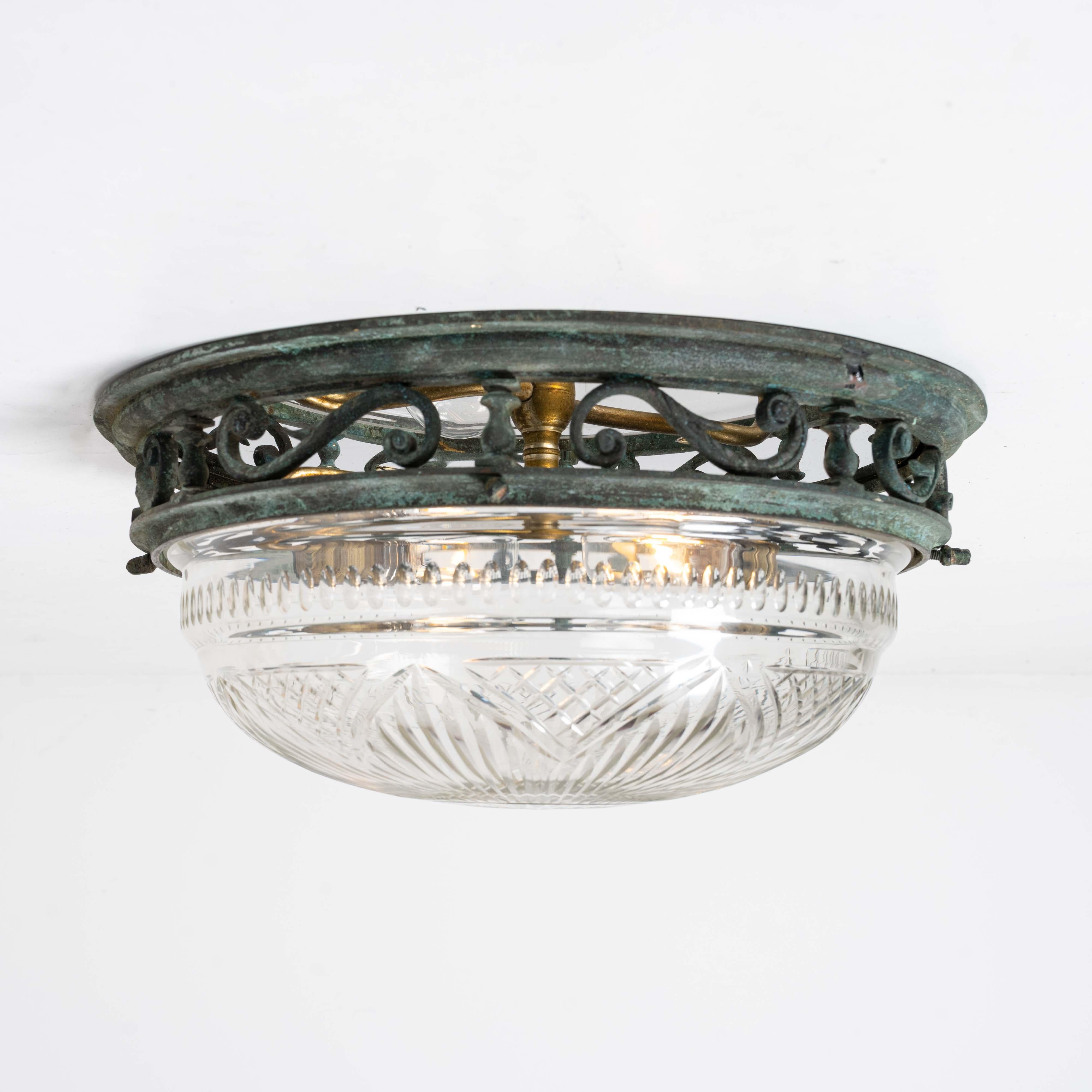 Decorative Open Panel Cast Bronze Flush Ceiling Fitting Exceptional Crystal Bowl For Sale 10