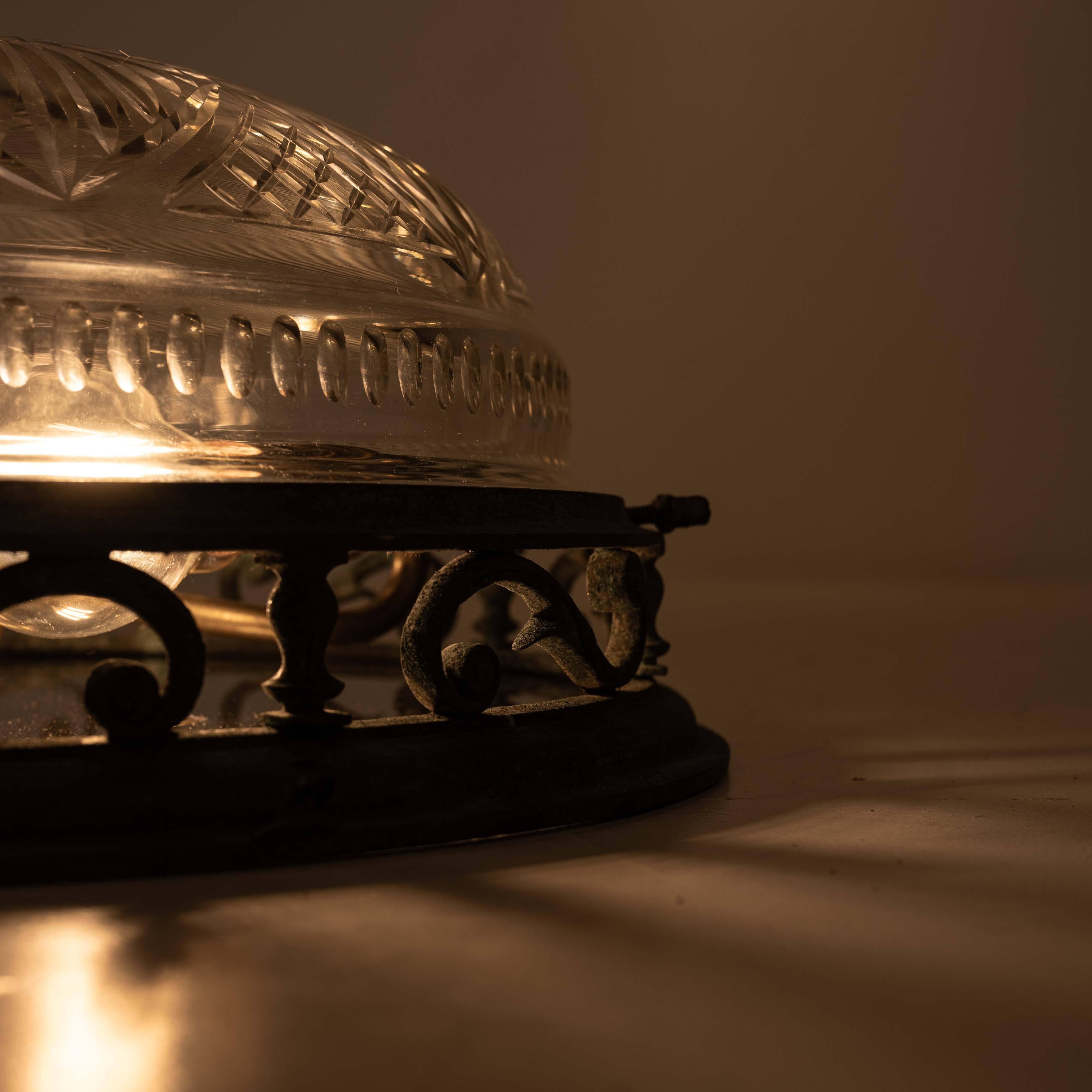 Decorative Open Panel Cast Bronze Flush Ceiling Fitting Exceptional Crystal Bowl For Sale 12