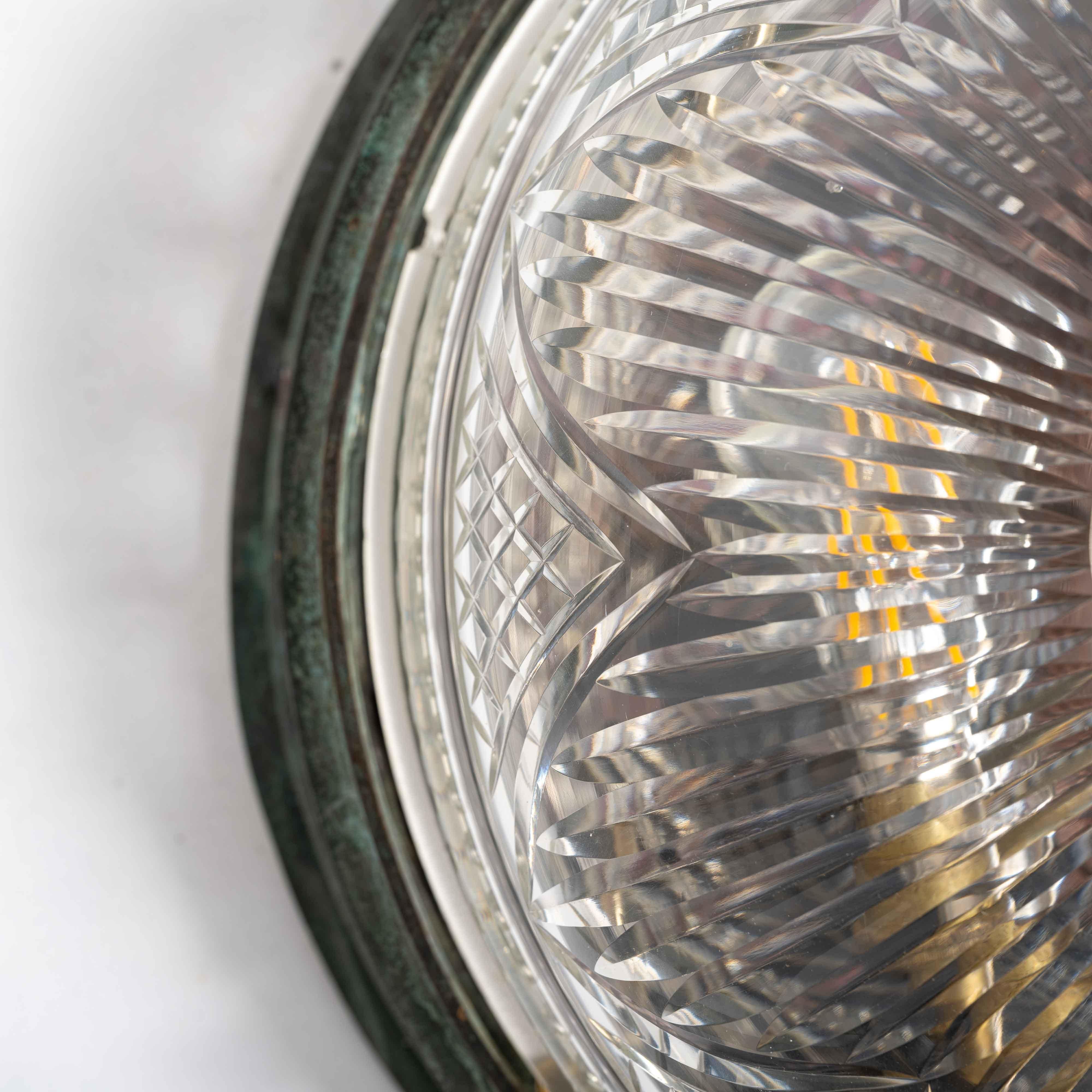 Art Nouveau Decorative Open Panel Cast Bronze Flush Ceiling Fitting Exceptional Crystal Bowl For Sale