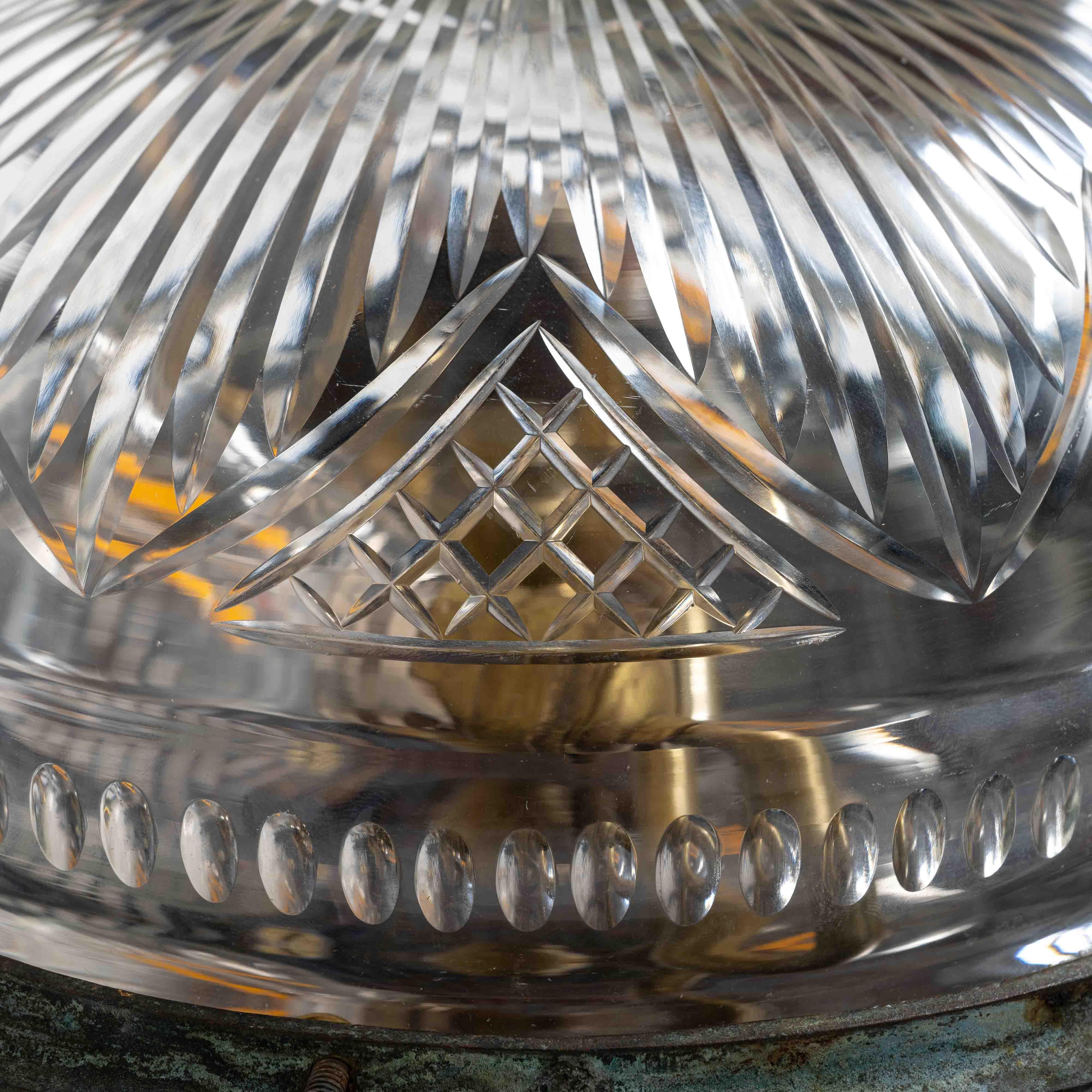 British Decorative Open Panel Cast Bronze Flush Ceiling Fitting Exceptional Crystal Bowl For Sale