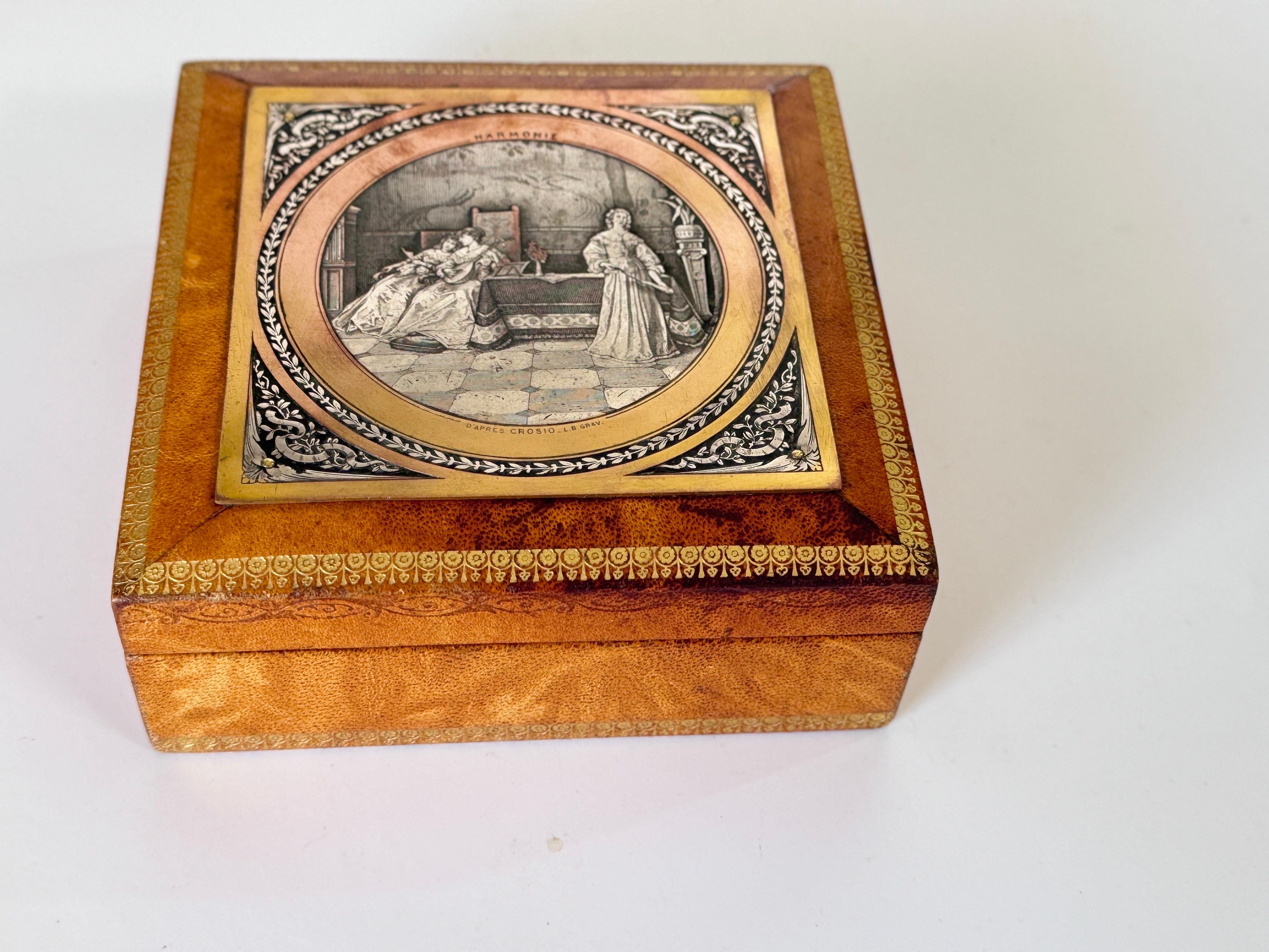 Decorative or Jewelry Leather, Metal Wood Box France 19th Century Brown Color 

