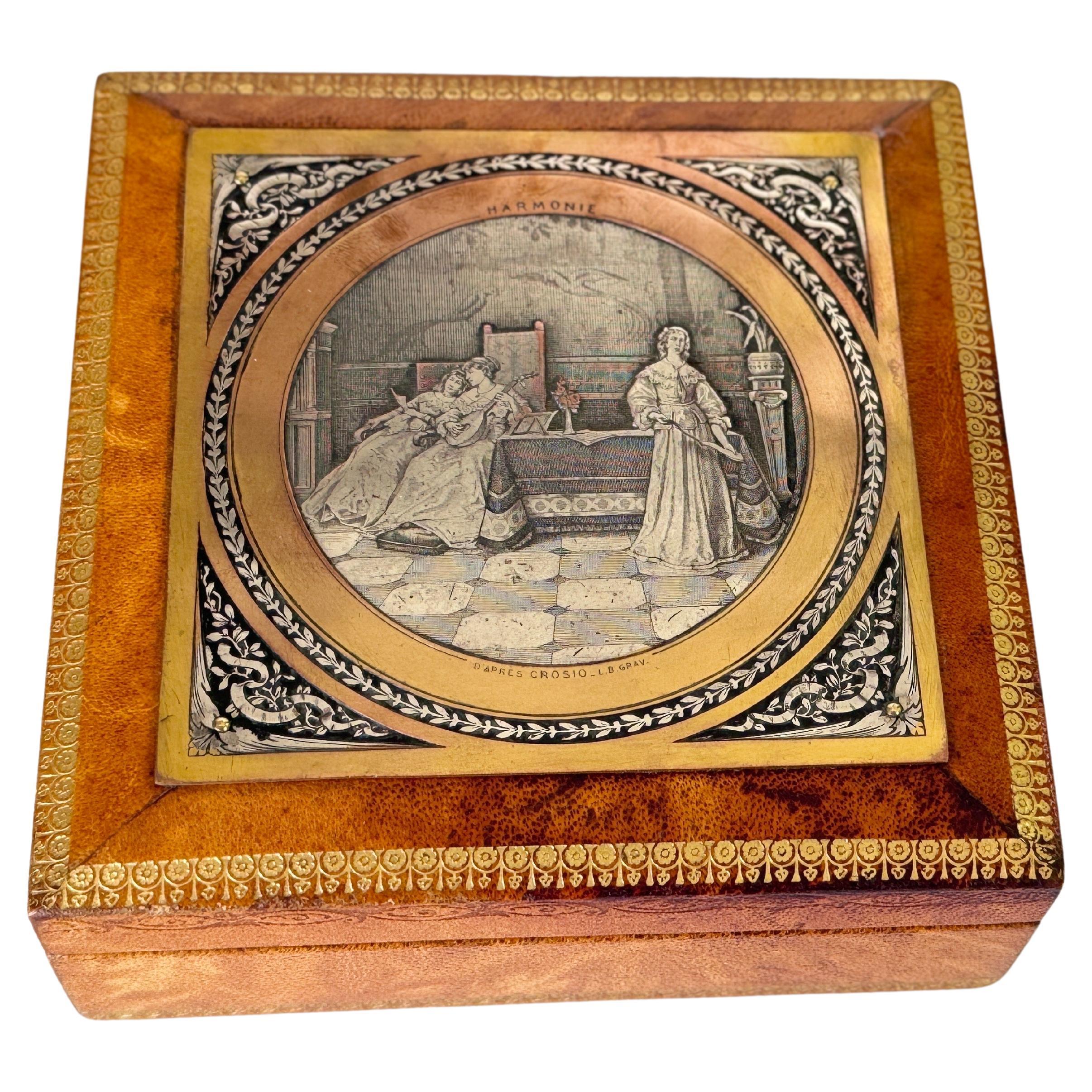 Boîte décorative ou à bijoux en cuir, métal Wood France 19ème siècle Couleur Brown  en vente