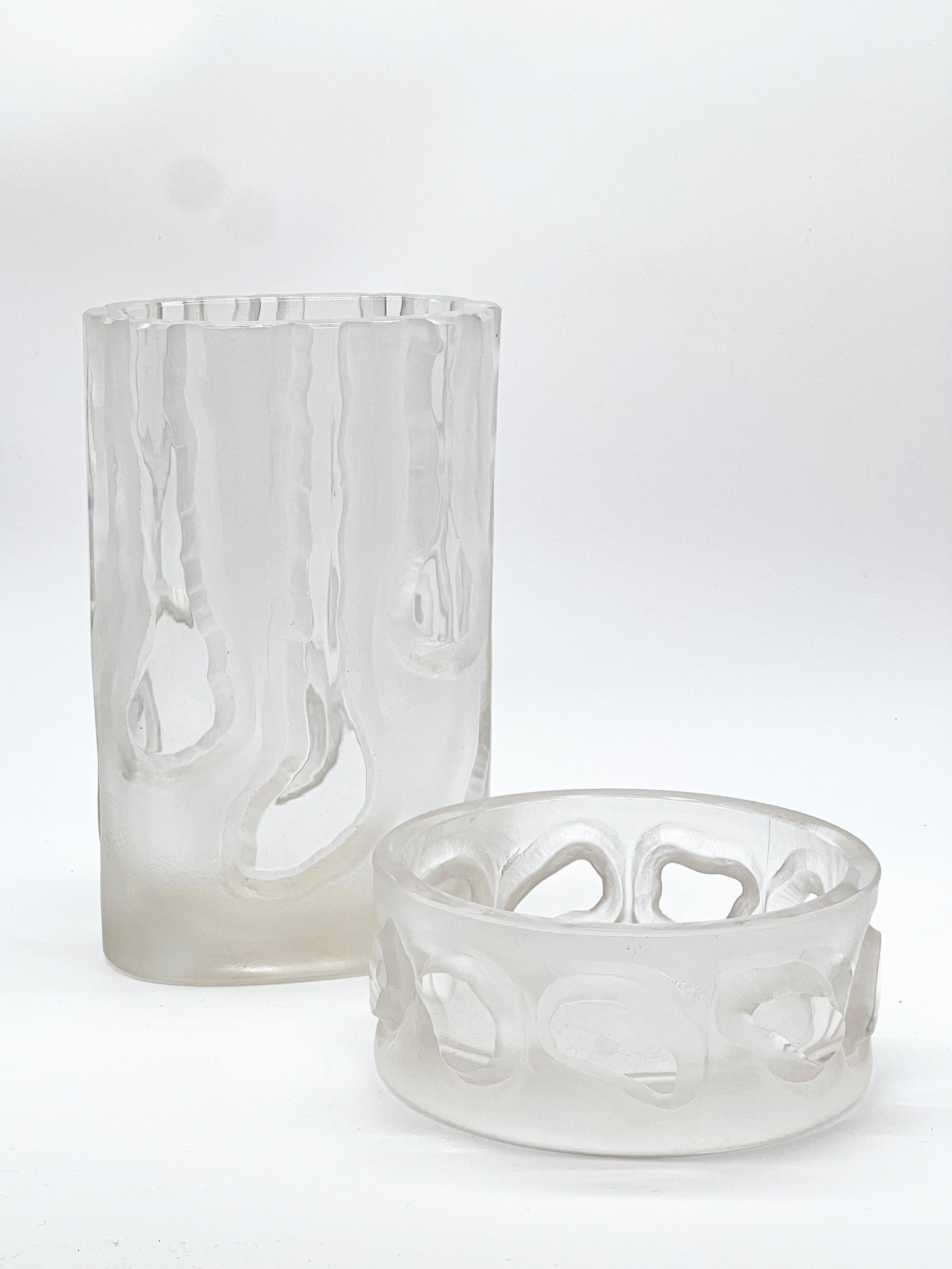 Space Age Decorative Organic Glass Vases, set of two engraved sculptural pieces, vintage For Sale