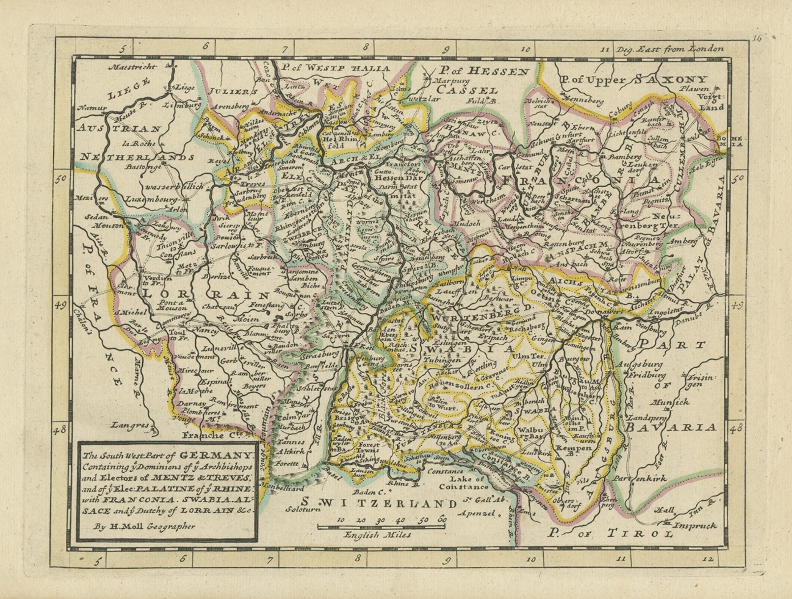 Decorative Original Antique Map of Southern Germany, c.1730